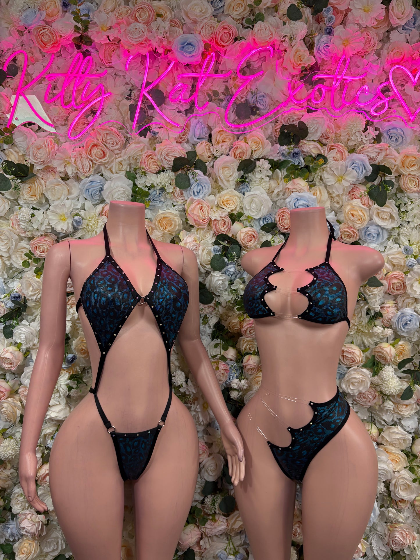 Cheetah-print dancewear set in dark blue on two models with halter bra and thong