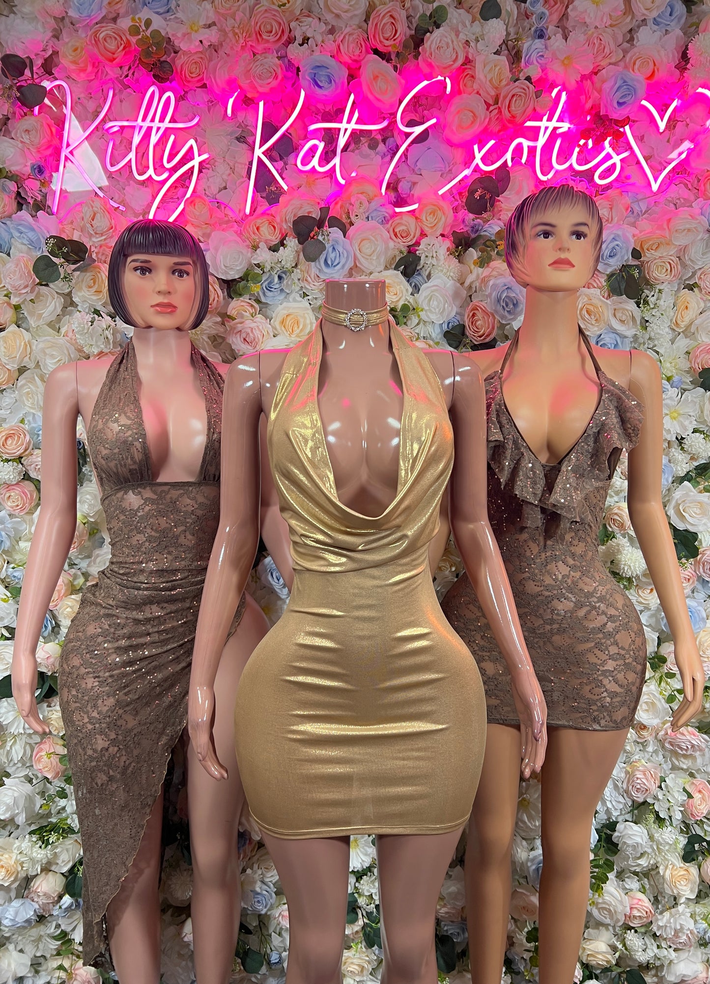 Gold metallic sleeveless bodycon dress with cowl neckline, front view