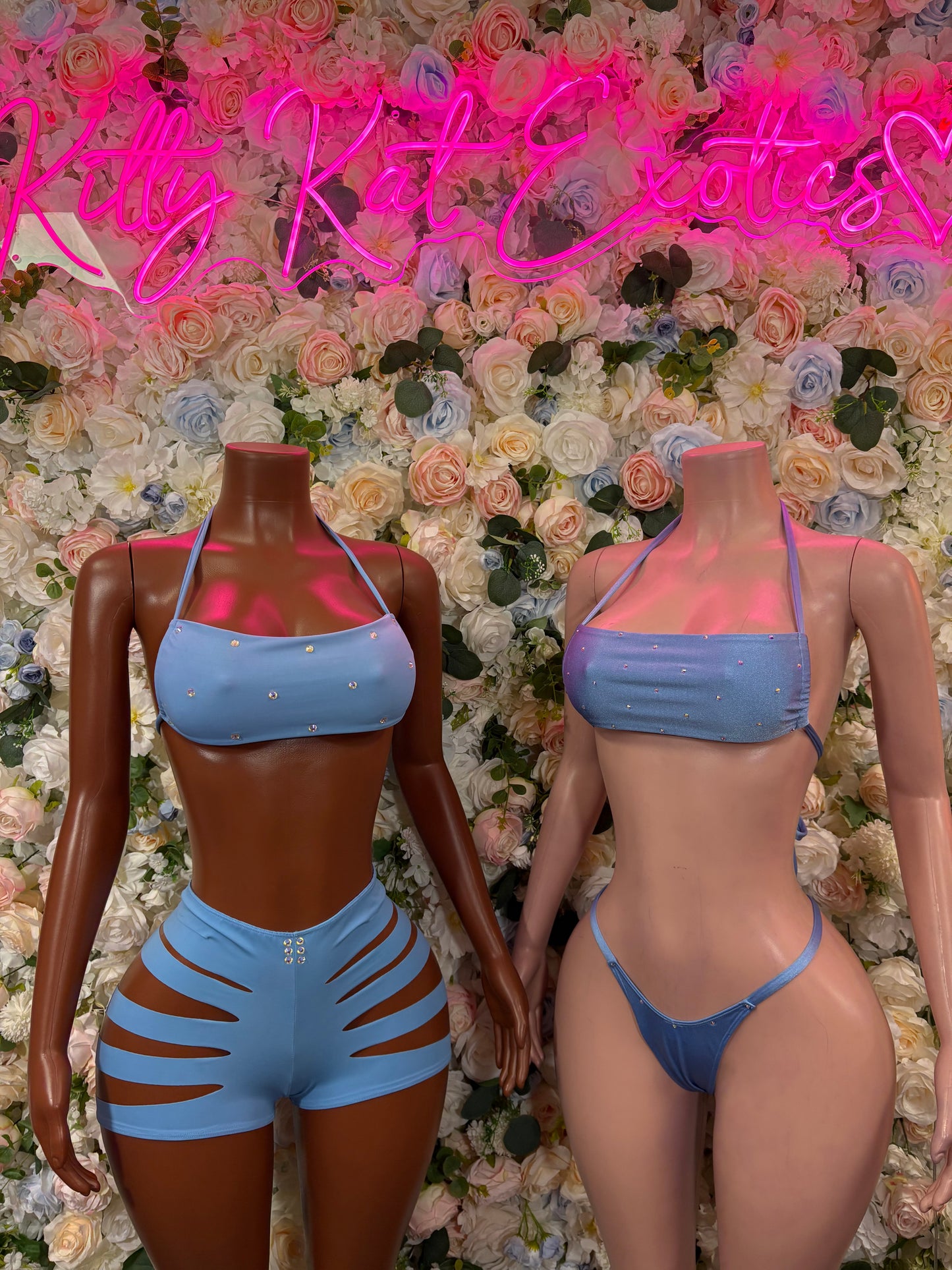 Blue crop top bikini set with halter straps and matching high-cut bottoms
