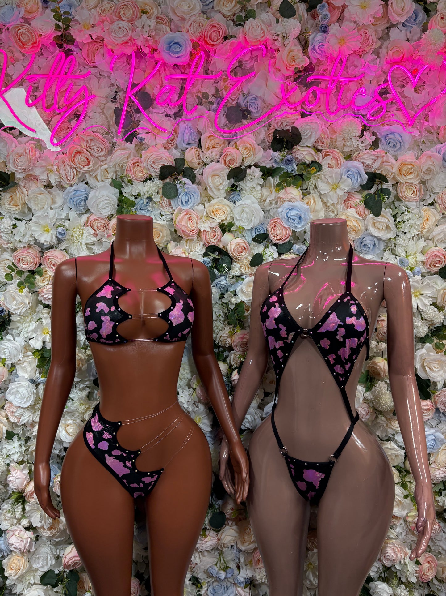 Bottlegirl cow-print hologram bikini set, pink/black, matching triangle tops and high-cut bottoms
