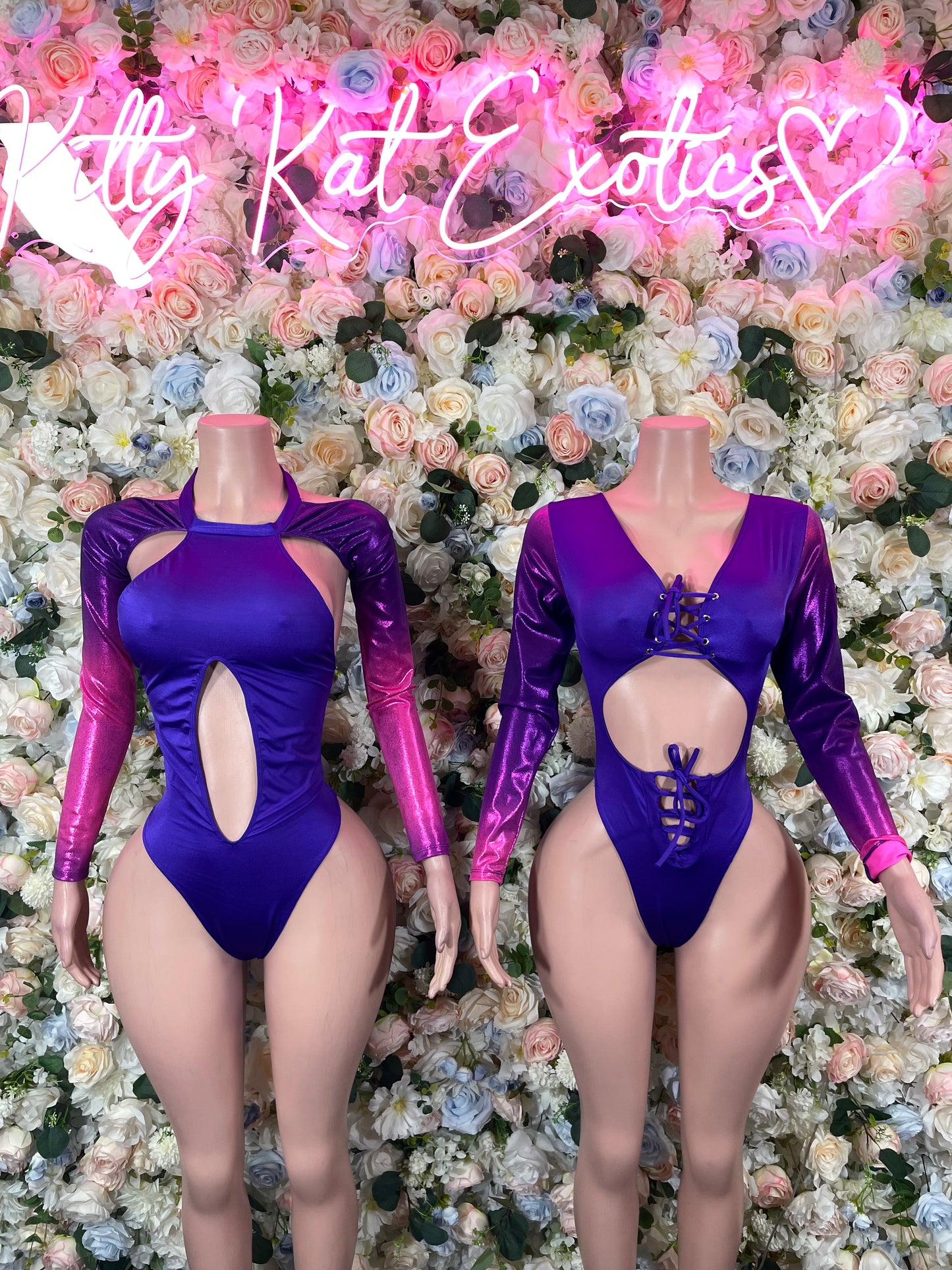 Purple long-sleeve bodysuit with front keyhole cutout and crisscross detail