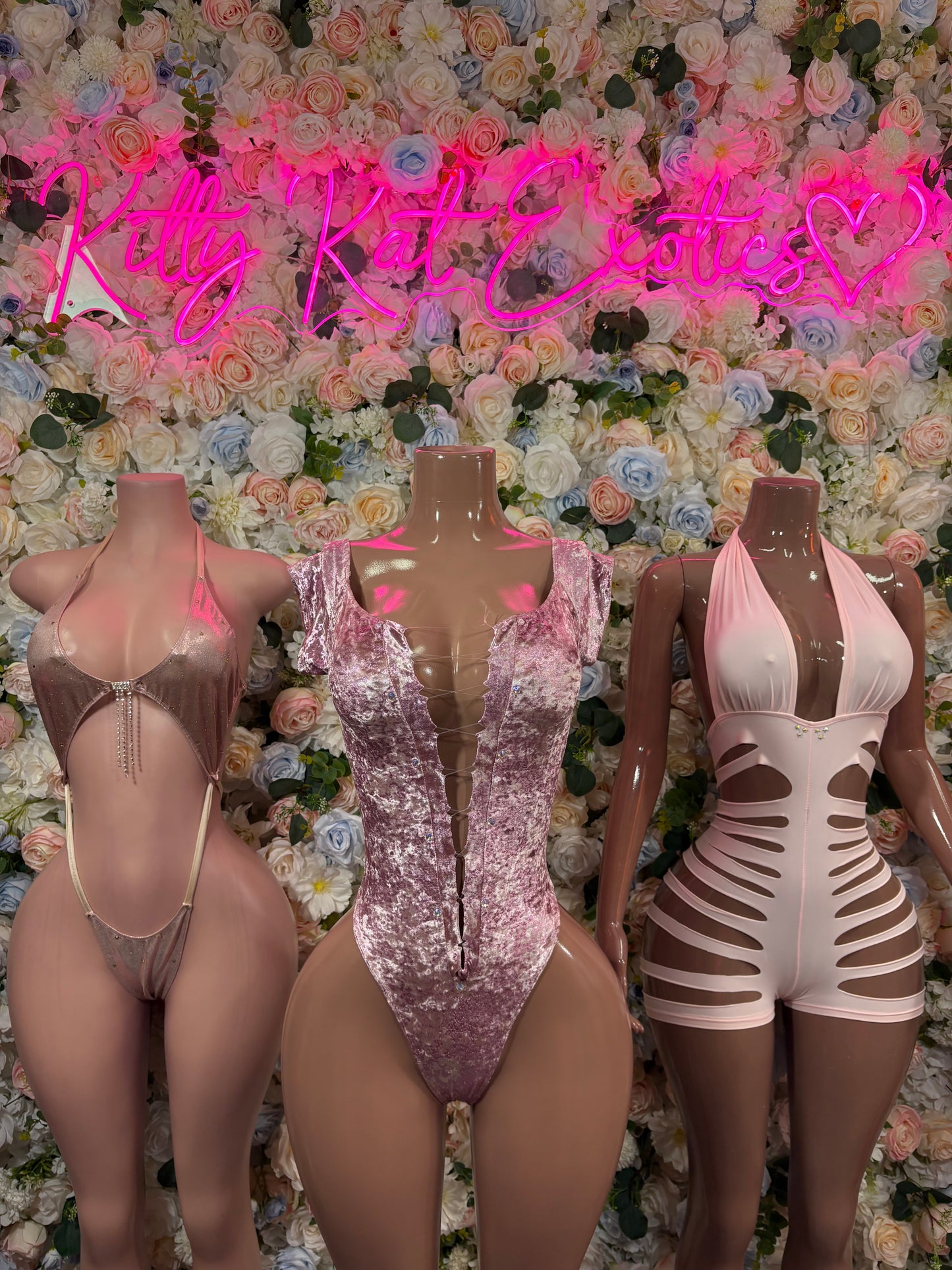 Three one-piece dance bodysuits: pink sequin and white ribbed cutout styles