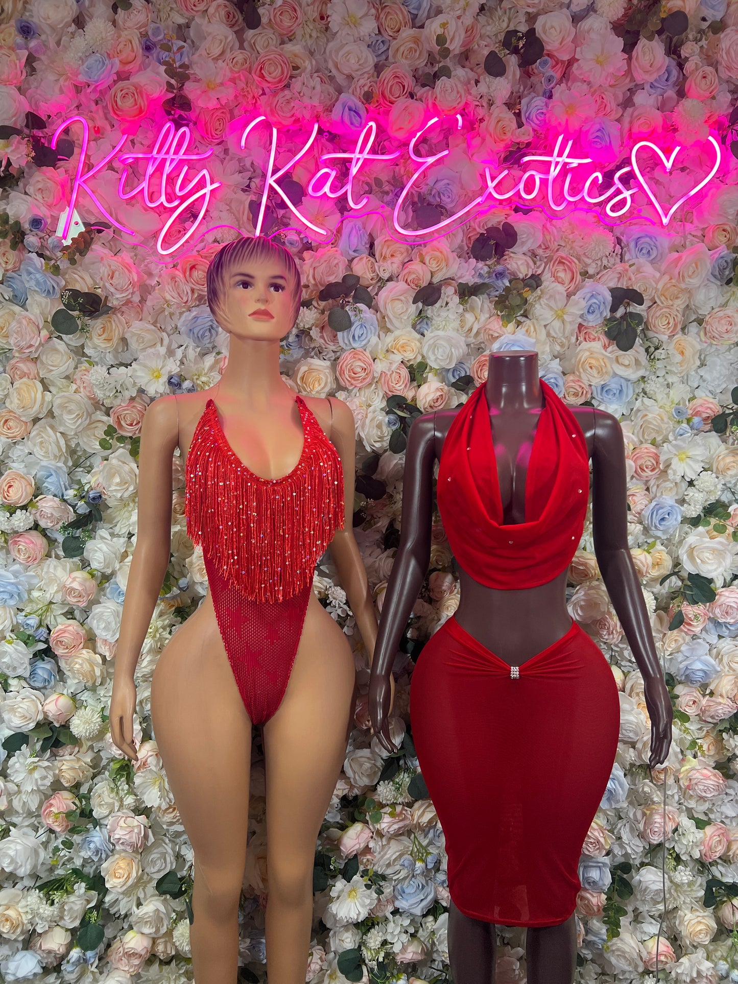 Red sequin fringe one-piece bodysuit with scoop neckline, front view