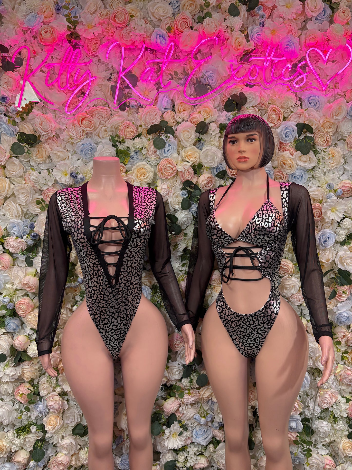 Silver Cheetah Hologram Bottlegirl Bodysuit - Women’s Exotic Dancewear, Bartender Costume & Rave Clubwear