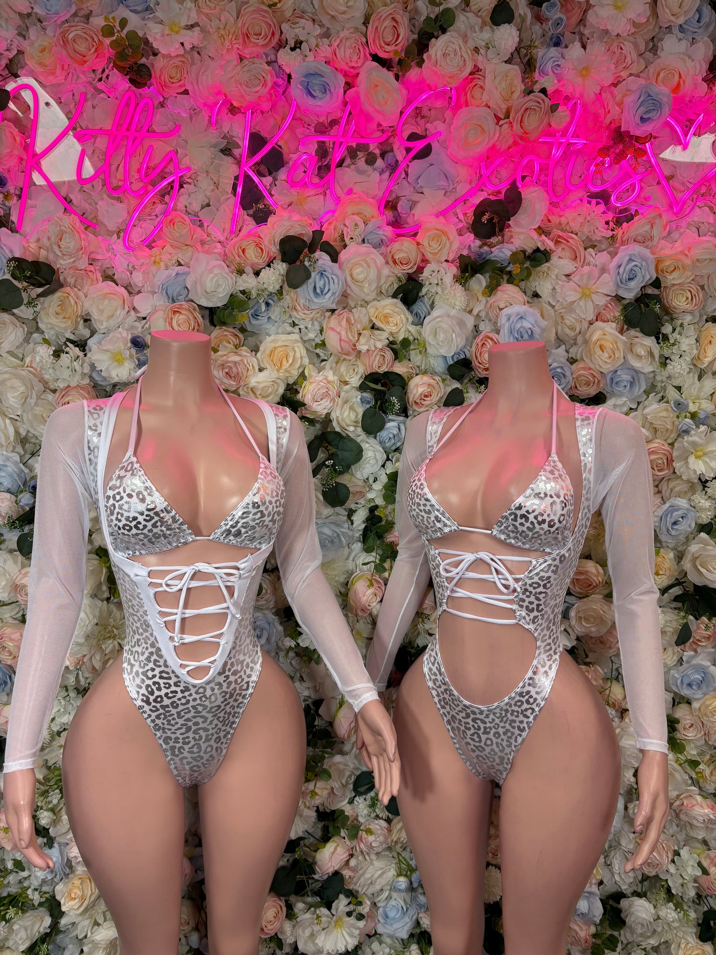 Bottlegirl Outfit Silver Cheetah Bodysuit - One Piece Bartender Outfit, EDM Dancewear, Party Clubwear