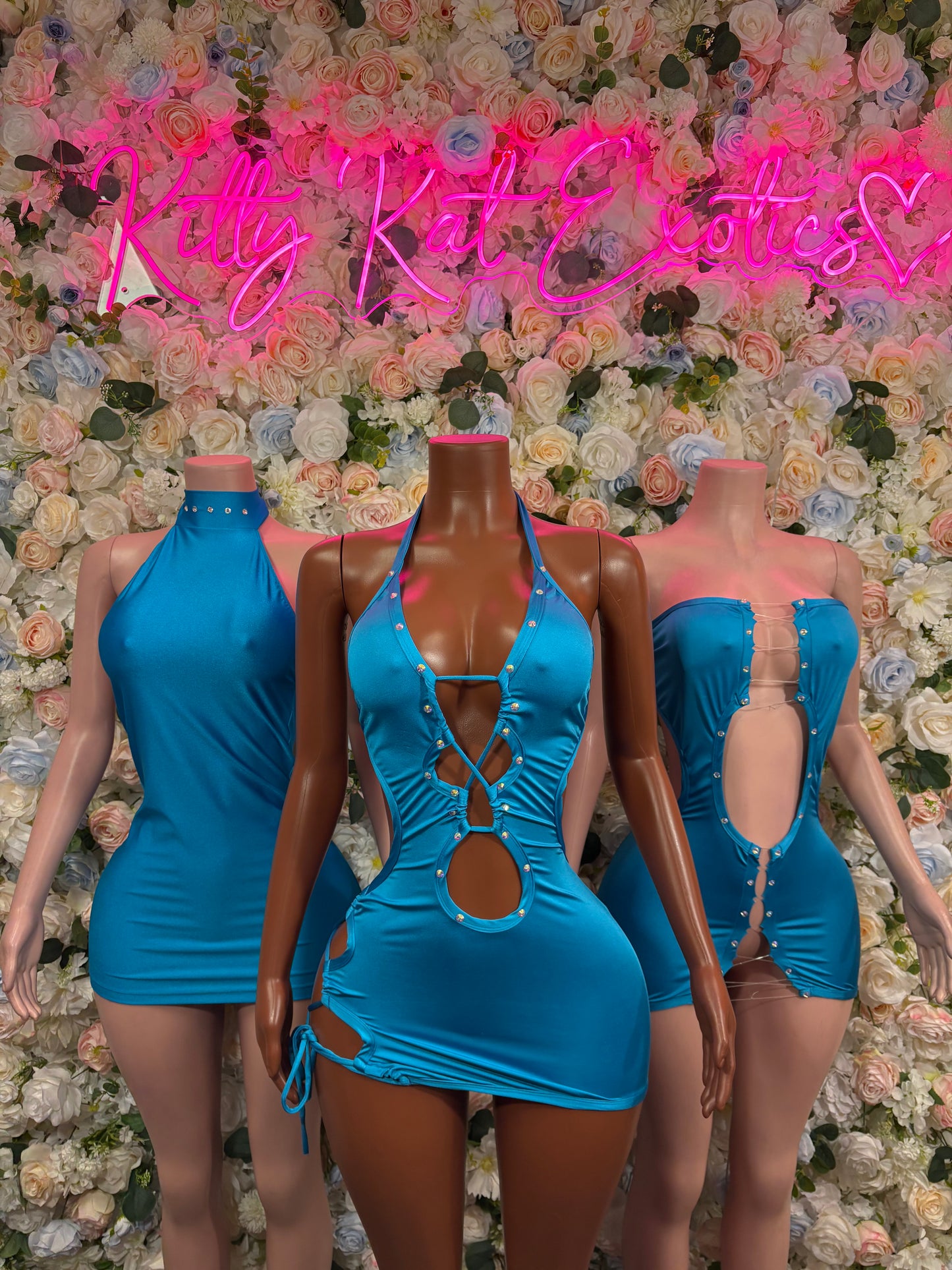 Teal cutout halter mini dance dress shown on multiple models