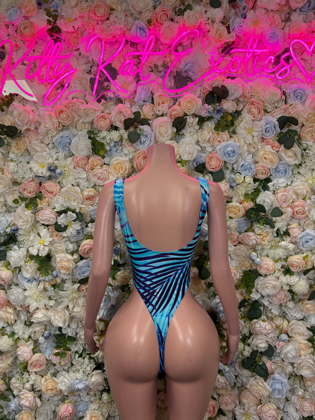 Blue Tropical Rave Bodysuit, Palm Print Festival One Piece, High Cut Dancewear, Clubwear, Performance Party Outfit