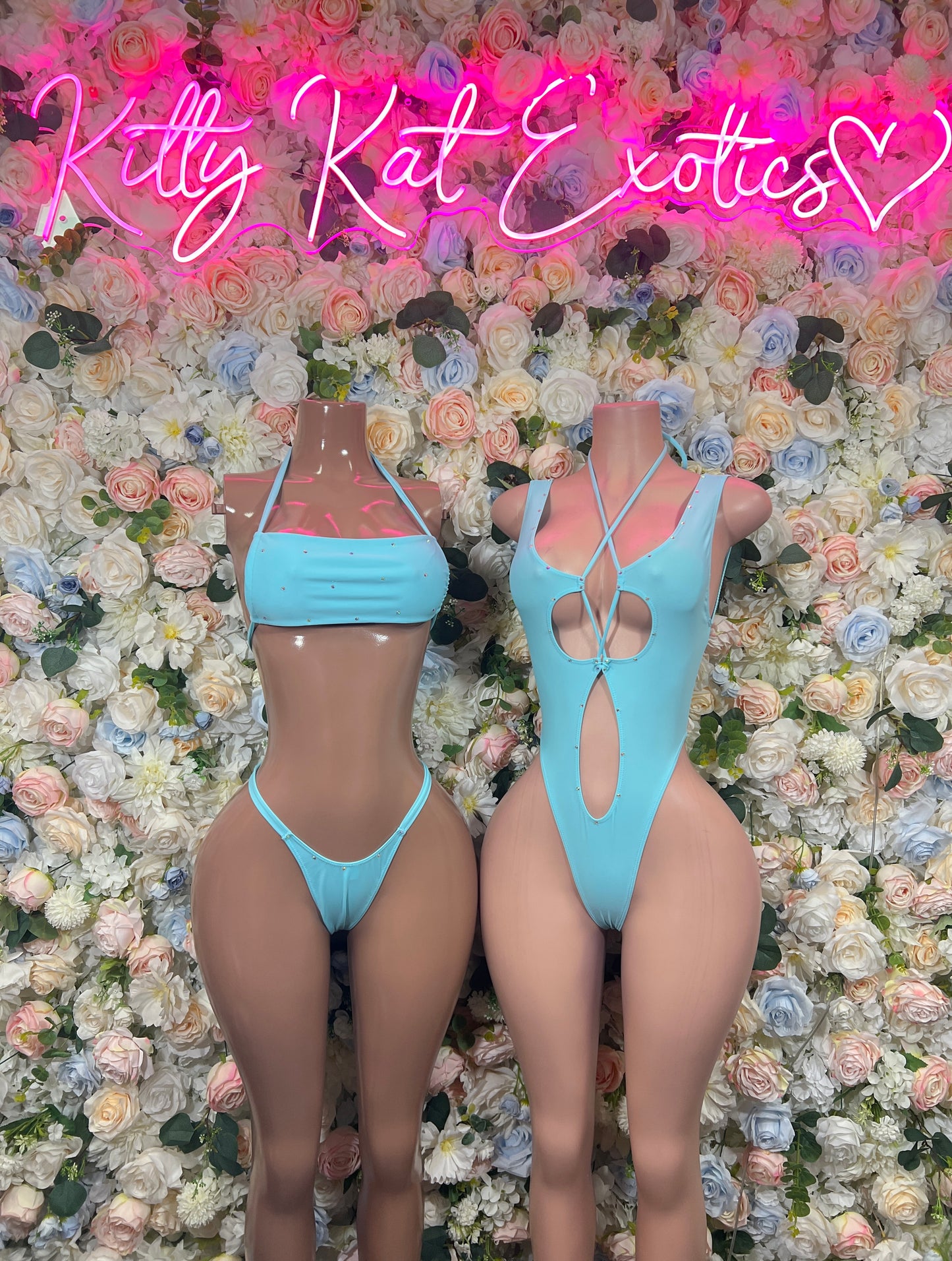 Baby Blue Rhinestone Cutout Bodysuit Strappy High Cut Thong Rave Festival Exotic Dancewear