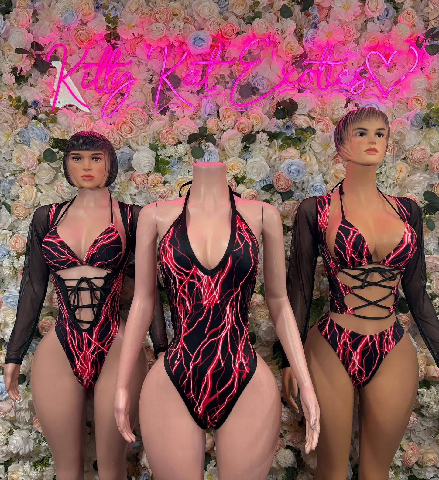 Red and black lace-up one-piece bodysuit with sheer sleeves, V neckline and cutout