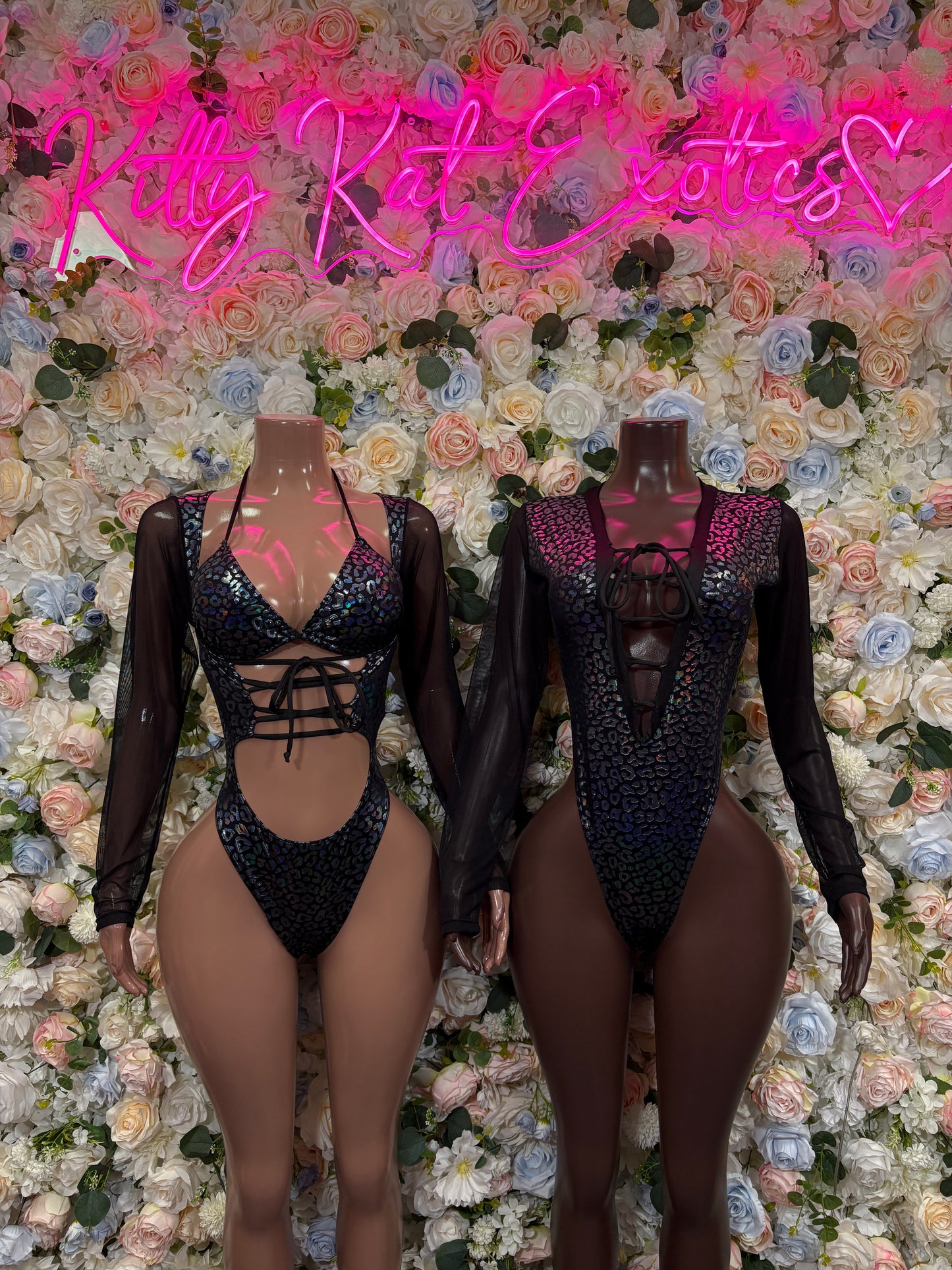 Bottlegirl Black Cheetah Hologram Bodysuit - Women’s Exotic Dancewear, Bartender Costume & Rave Clubwear