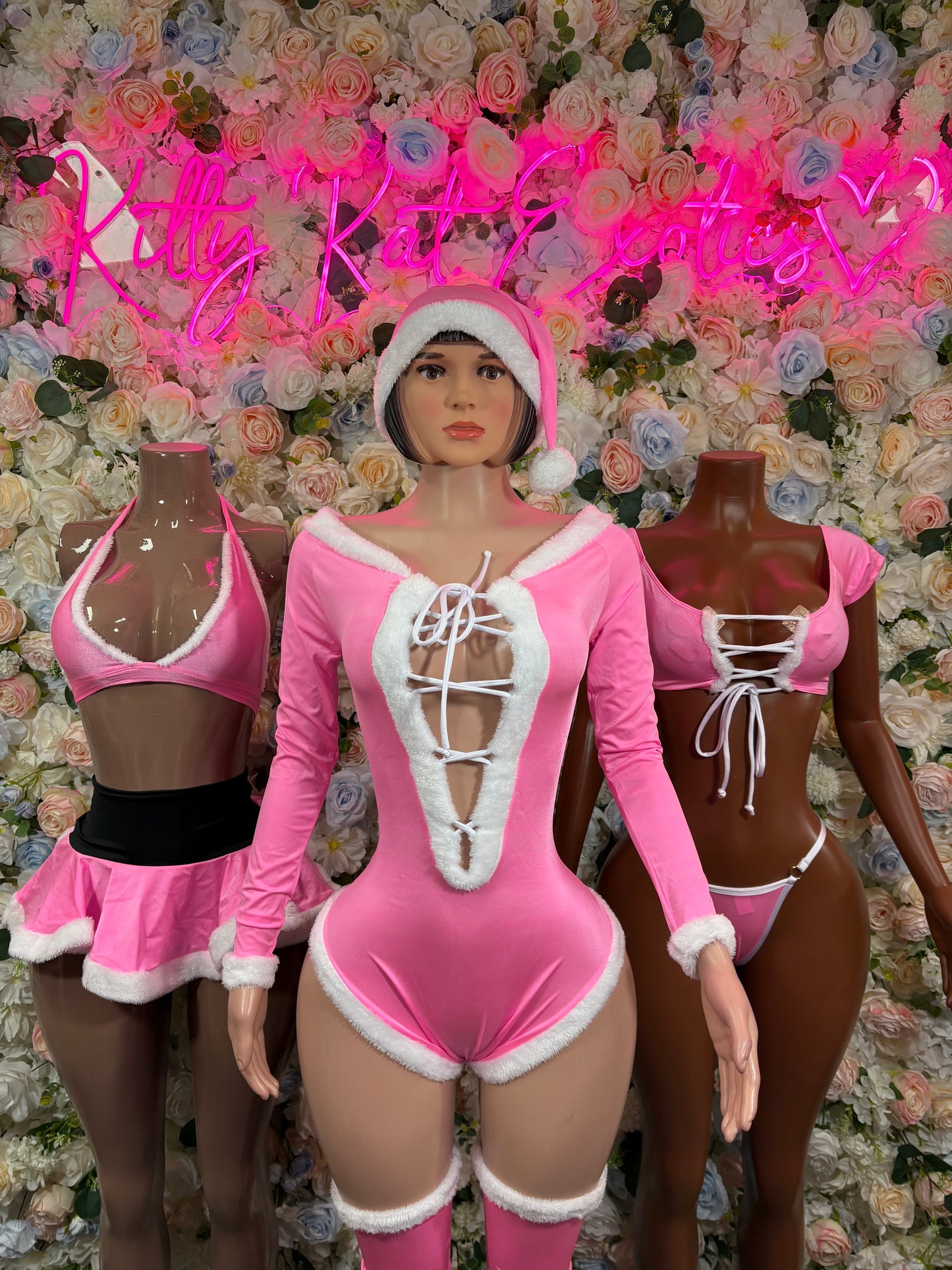 Christmas Pink Santa Holiday Outfit One Piece Set With Leggings and Hat Santa Exotic Dancewear Costume Holiday Outfit