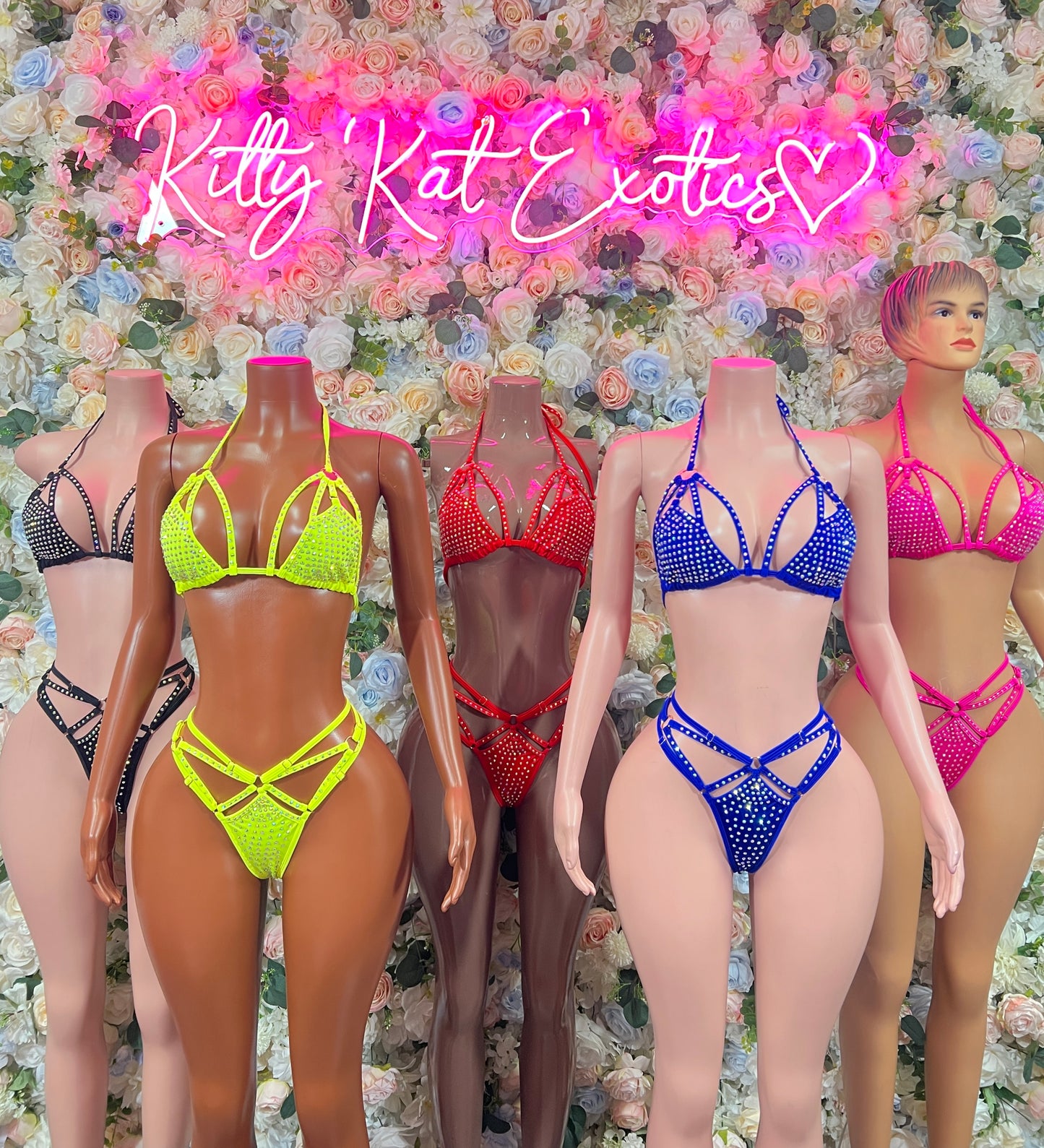 Rhinestone bikini set group, multicolor halter tops and high-cut bottoms.