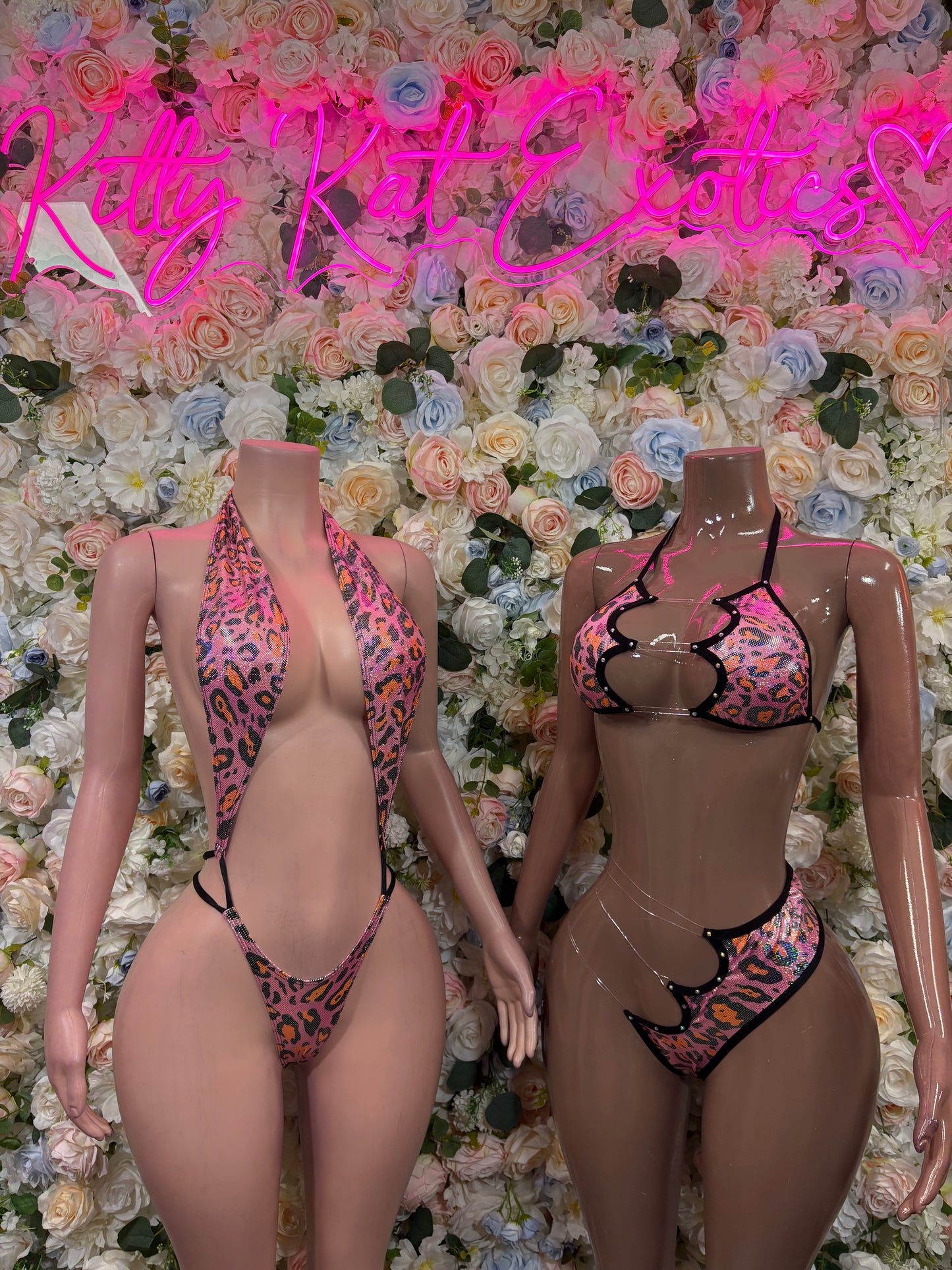 Pink leopard-print lingerie set pair of models, one front one side/back