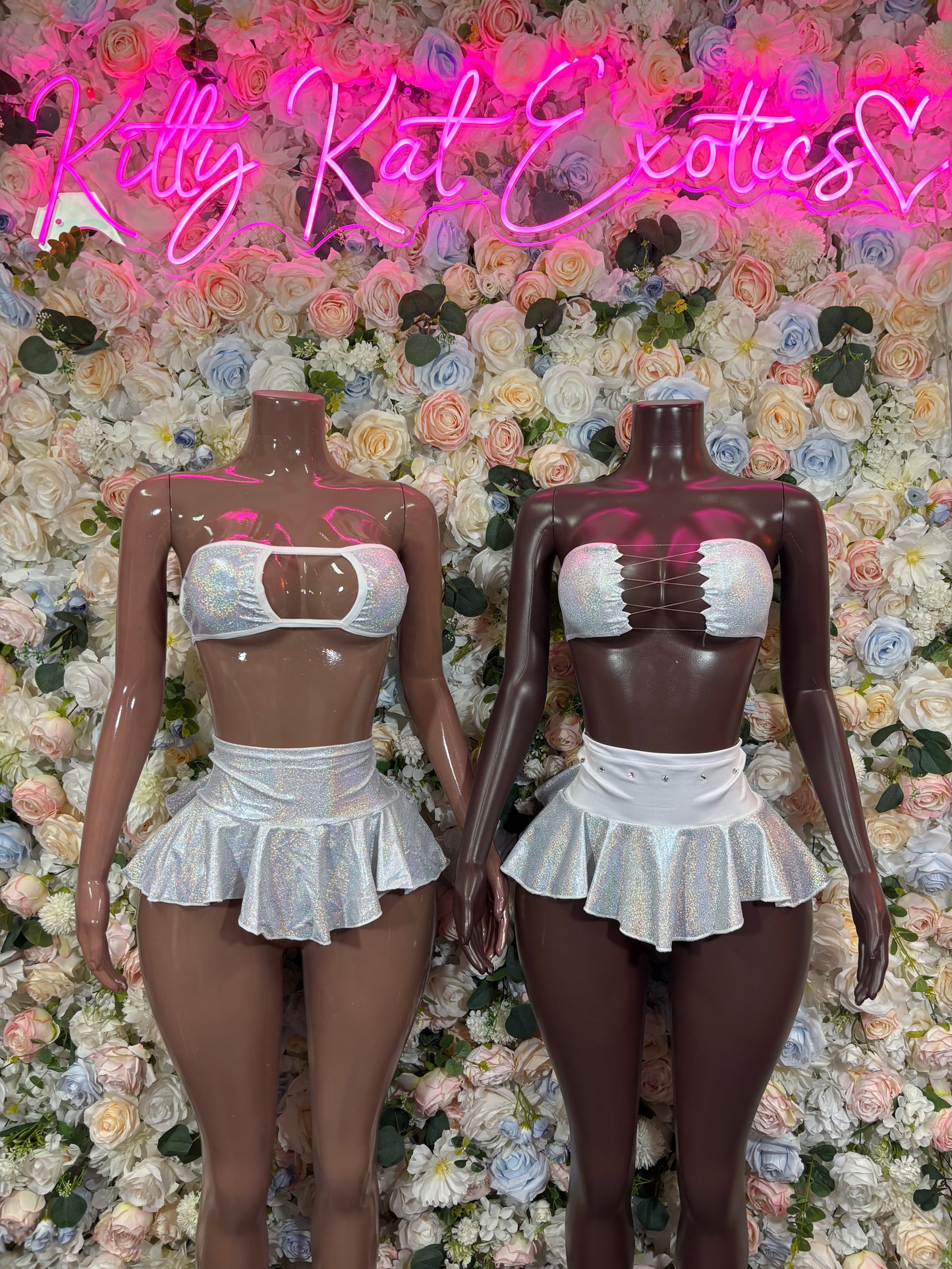 White metallic crop top and ruffled mini skirt two-piece set, festival rave outfit