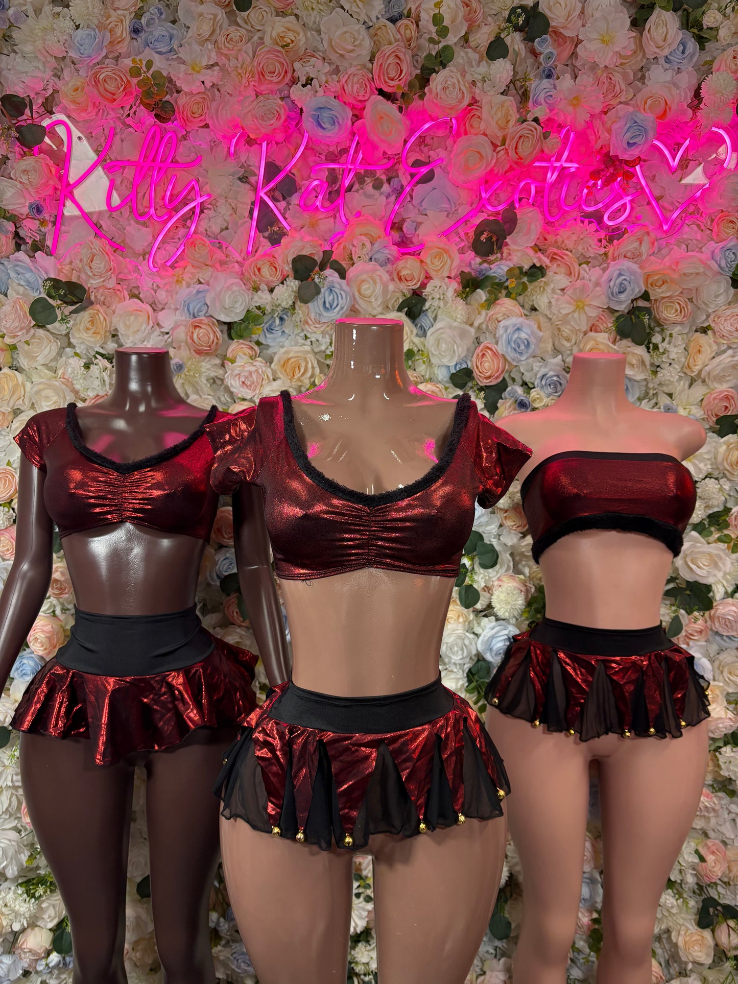 Burgundy metallic crop top and ruffled mini skirt set, three mannequin views