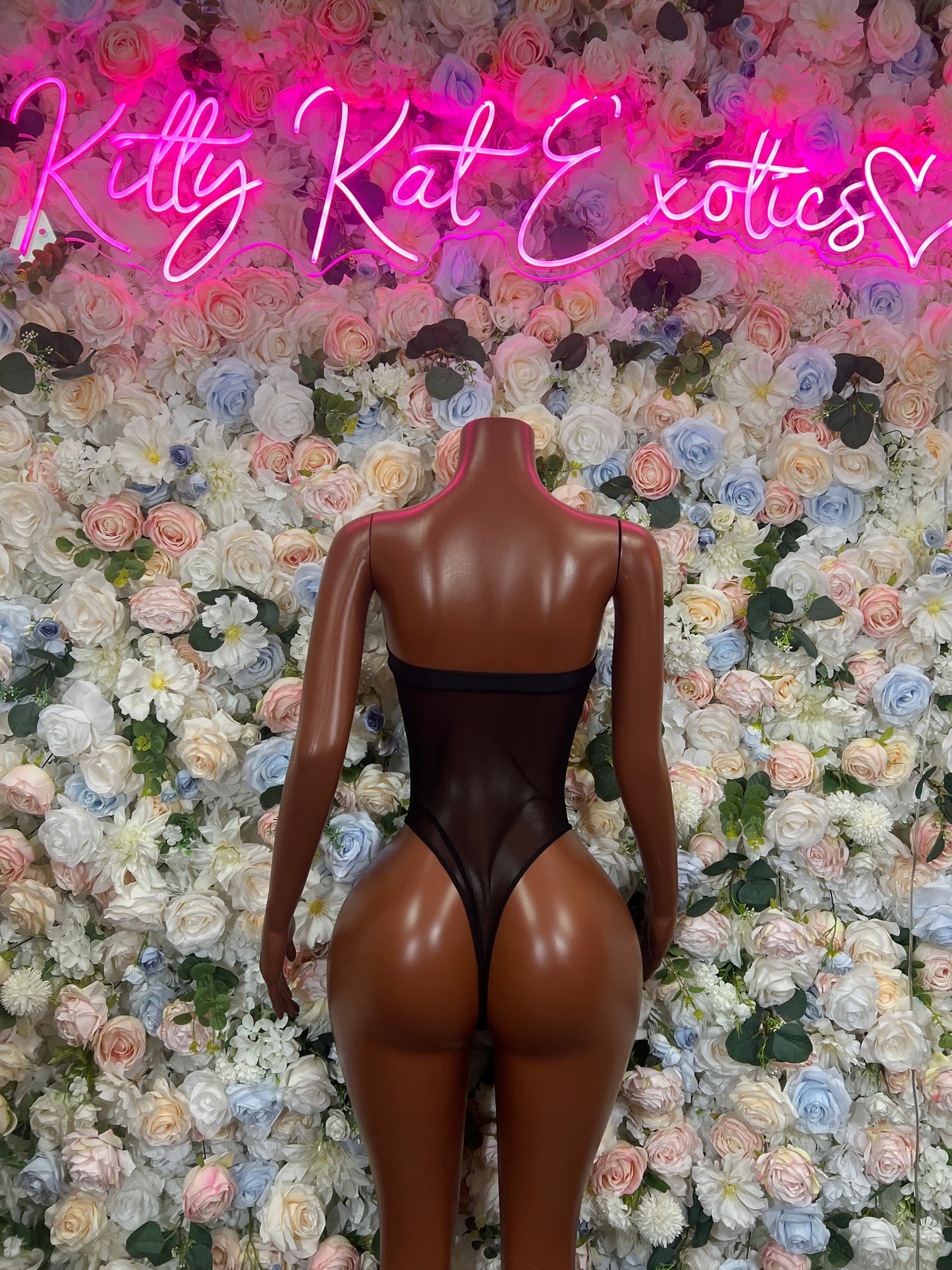 Black mesh one-piece bodysuit with high-cut leg, shown on mannequin from back view.