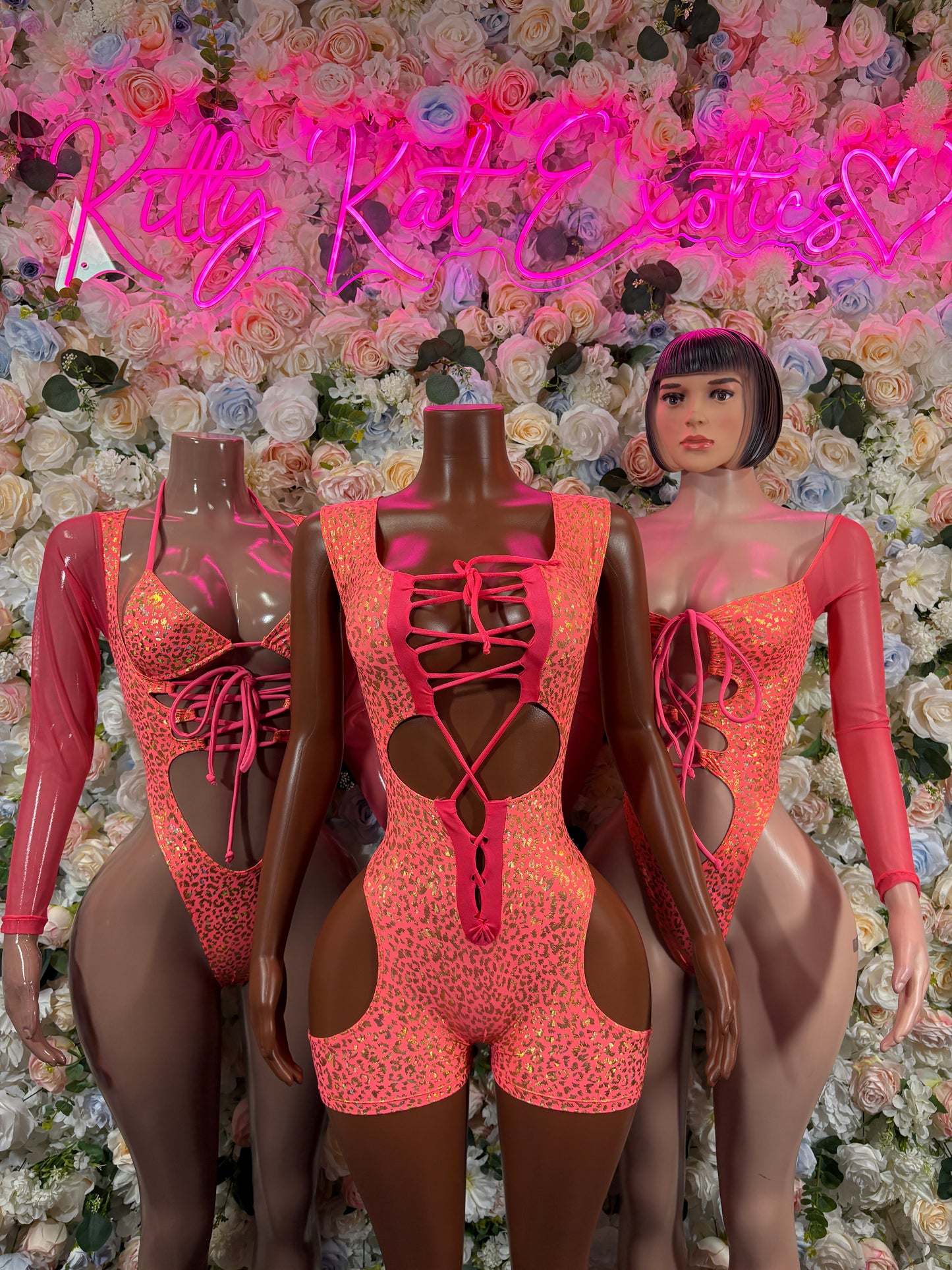 Bottlegirl Bodysuit One-Piece Coral Cheetah Print Bodysuit - Hologram Design | Exotic Dancewear for Performers, Raves