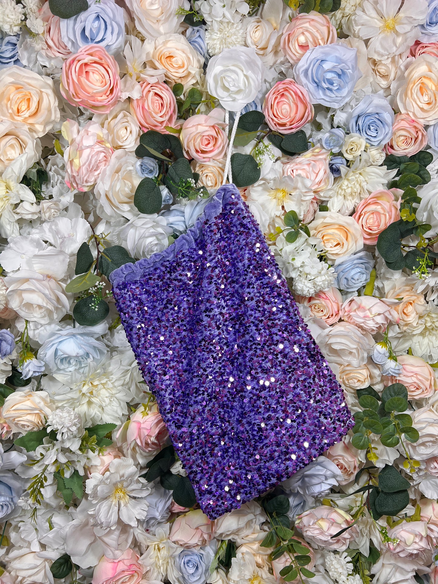 Purple sequined velvet money bag with short handle