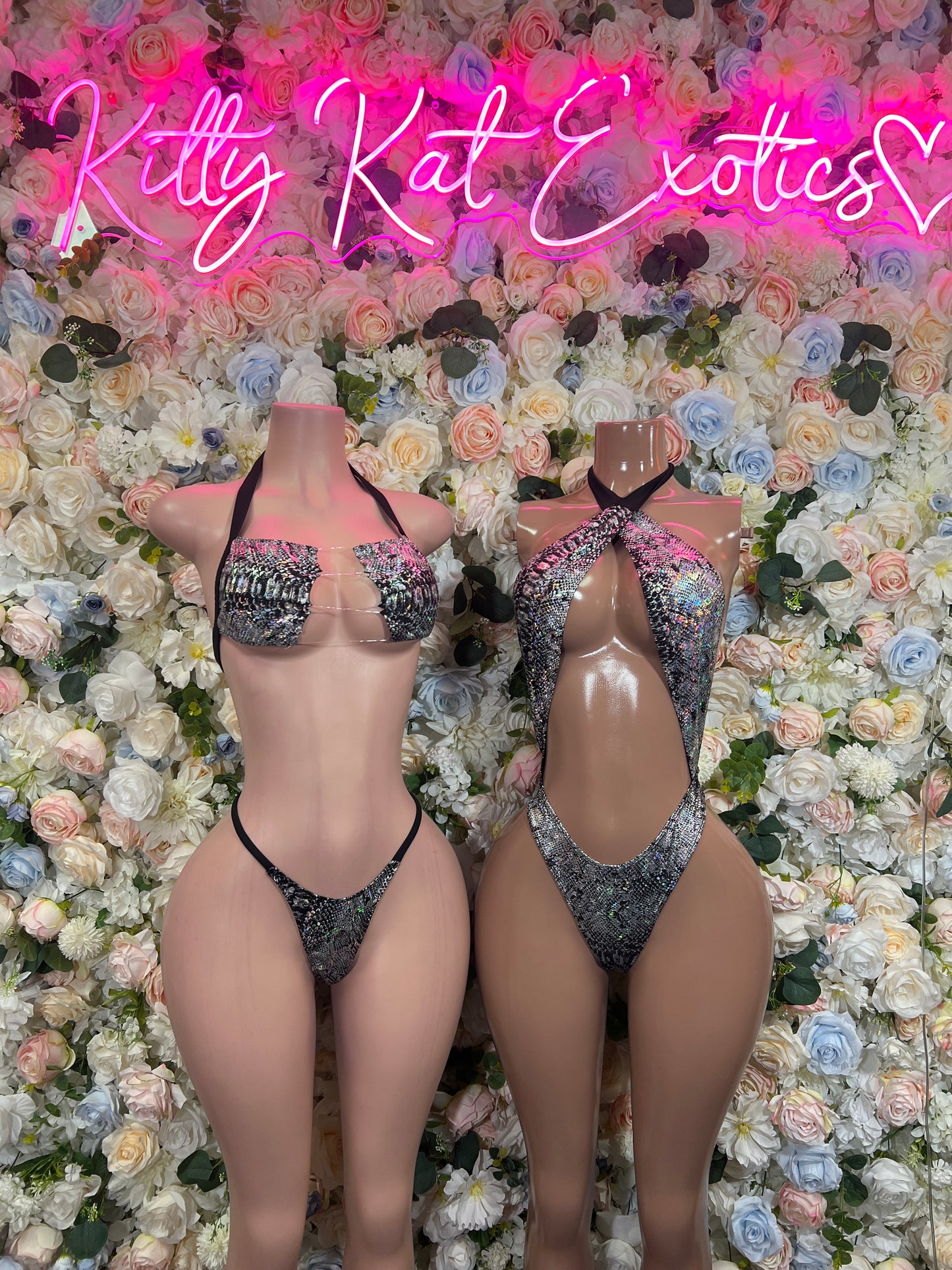 Holographic Snake Print Micro Bikini Set - Iridescent Metallic Bandeau Top + Thong Exotic Dancewear Rave Festival Outfit