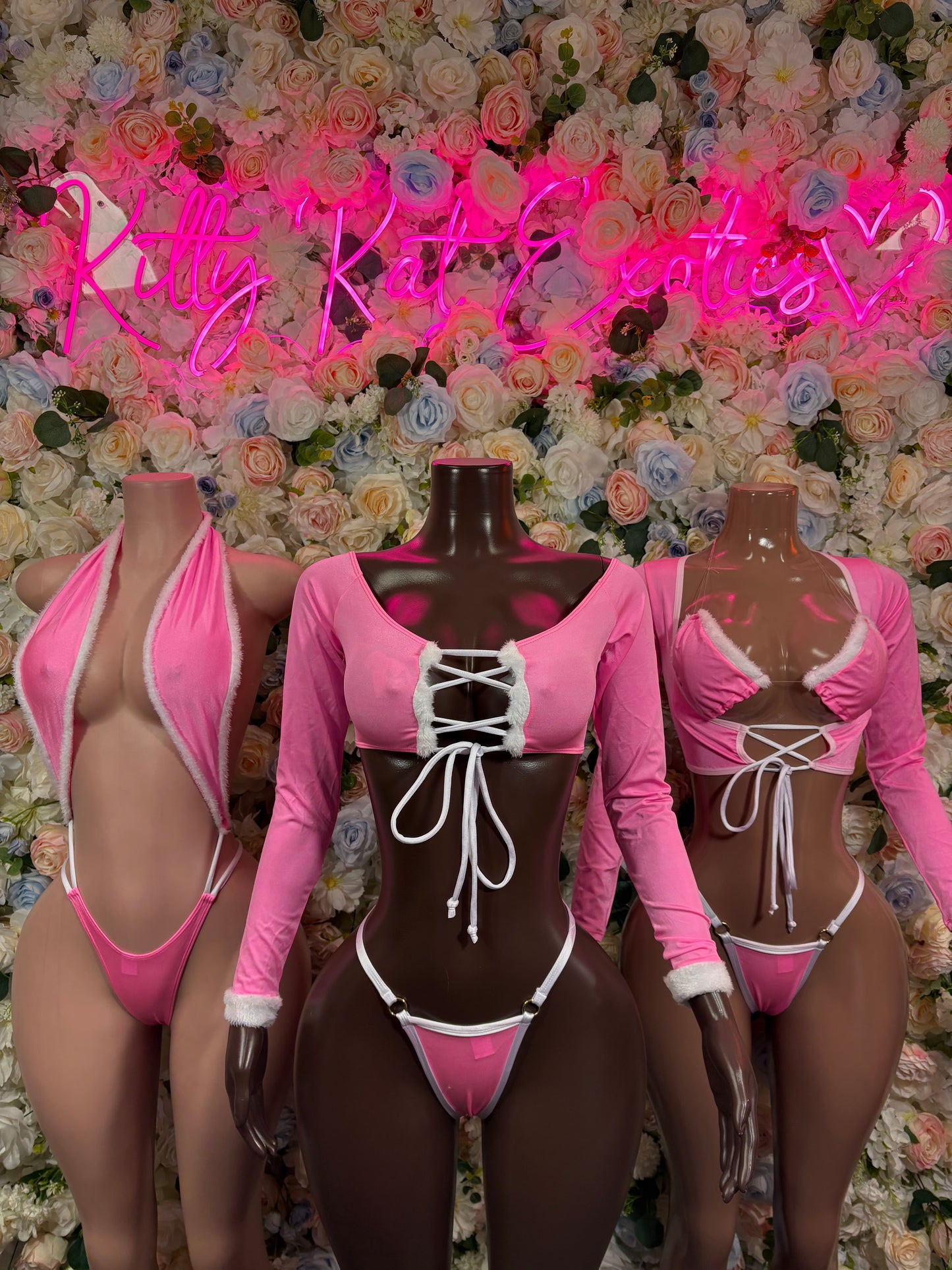 Christmas Pink Santa Holiday Outfit Two Piece Pink Santa Exotic Dancewear Costume Holiday Outfit