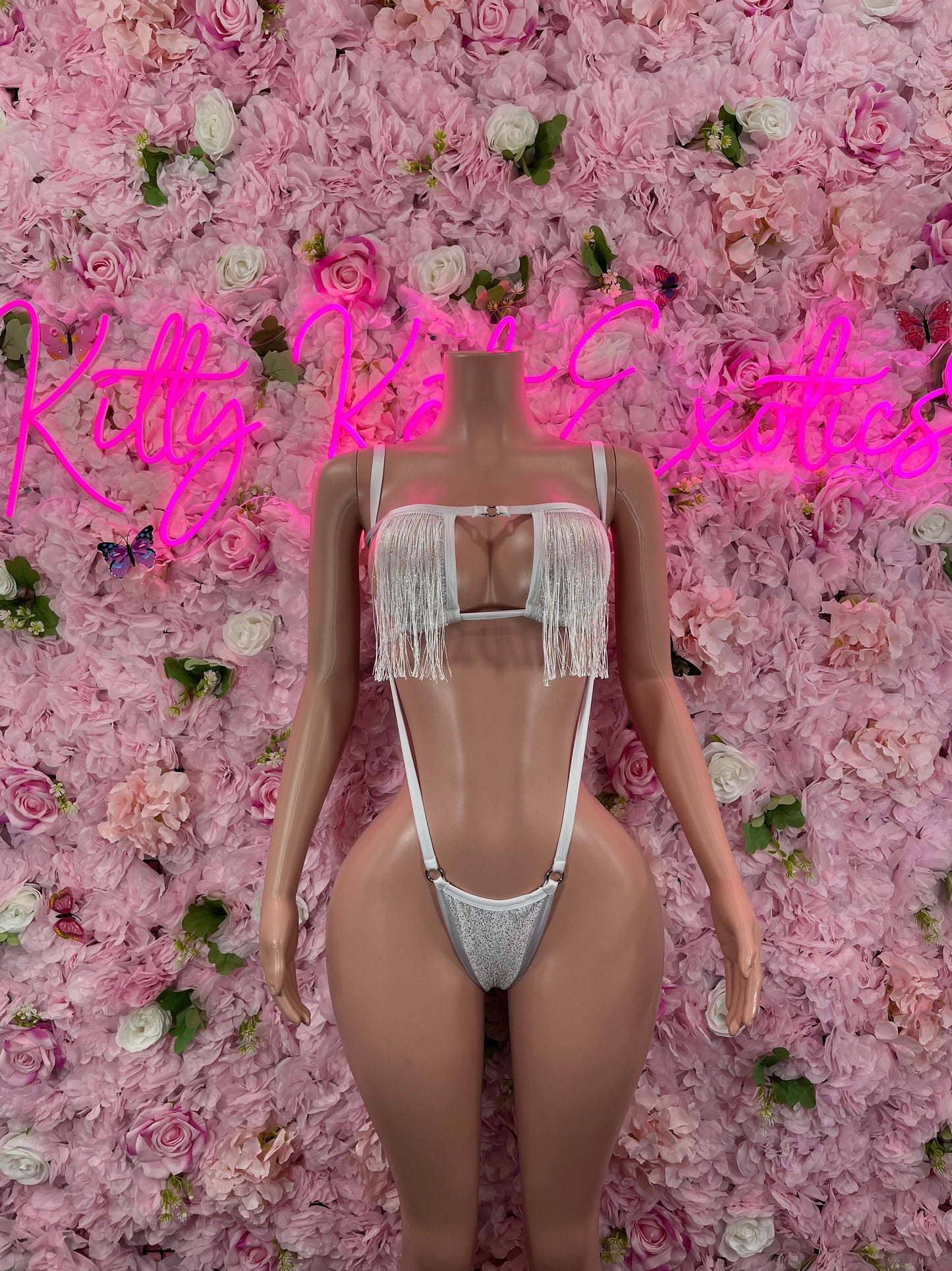 Slingshot Bodysuit White Fringe Sexy Outfit for Parties, Clubwear, or Festivals | Trendy and Eye-Catching Fashion Exotic Dancewear