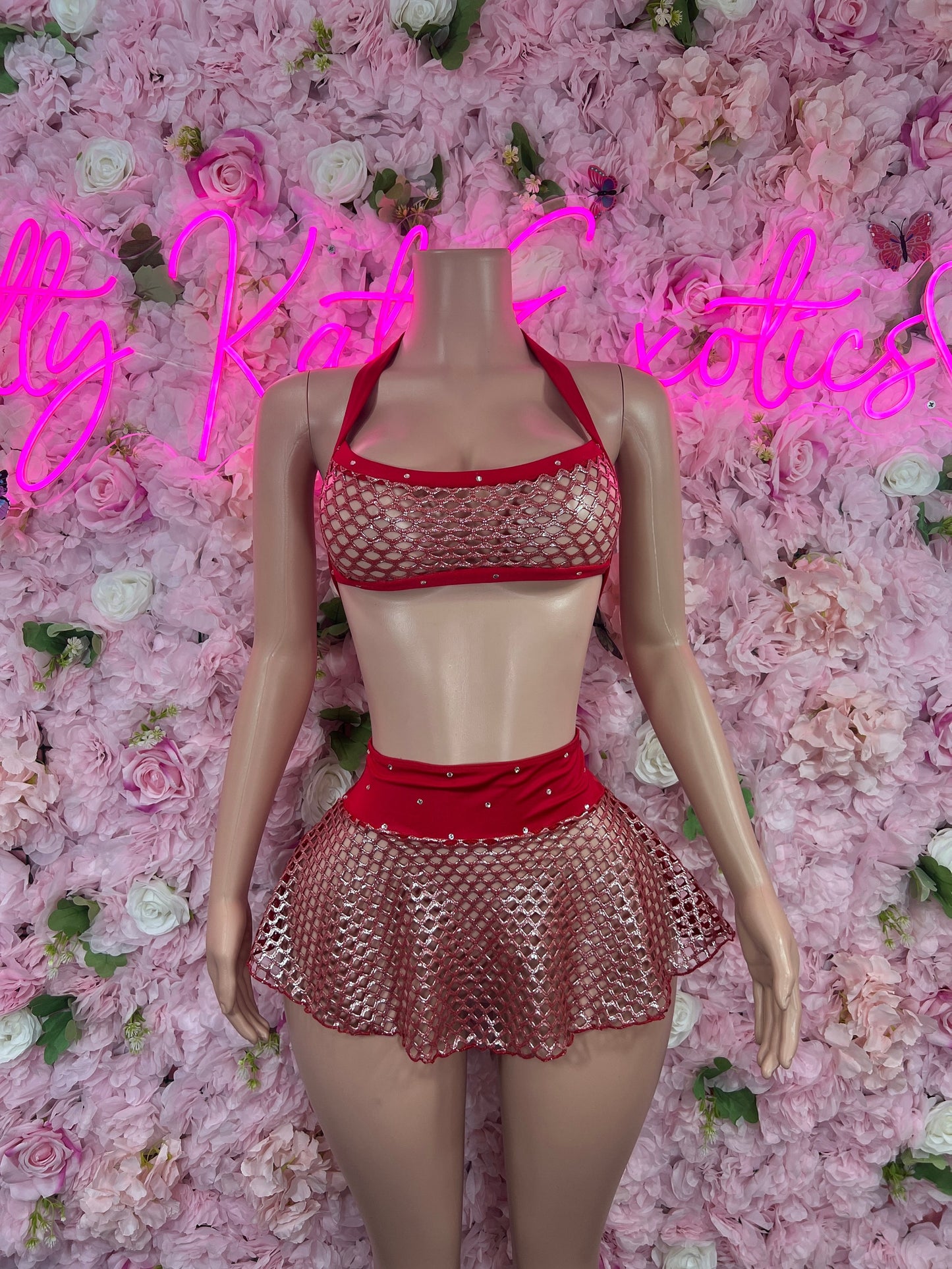 Valentines Day Two Piece Skirt Set Red Fishnet
