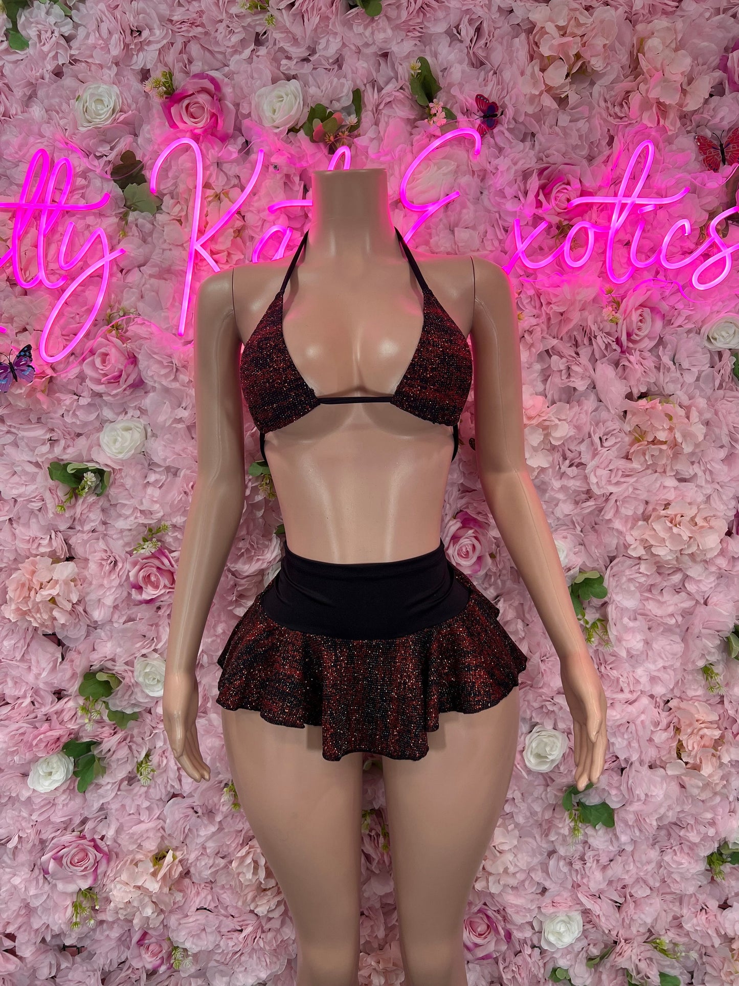 Two Piece Skirt Set Burgundy Glitter