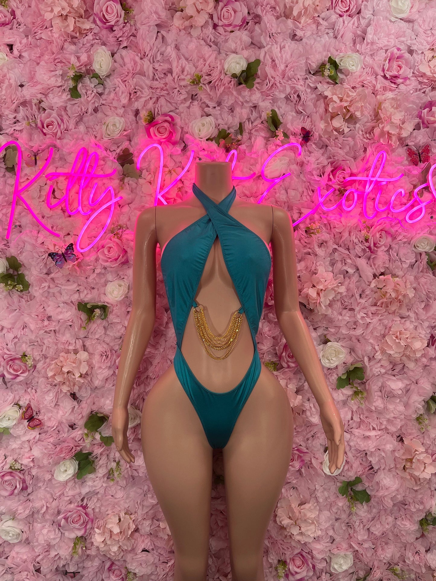 Exotic DancewearOne Piece Turquoise Chain Link