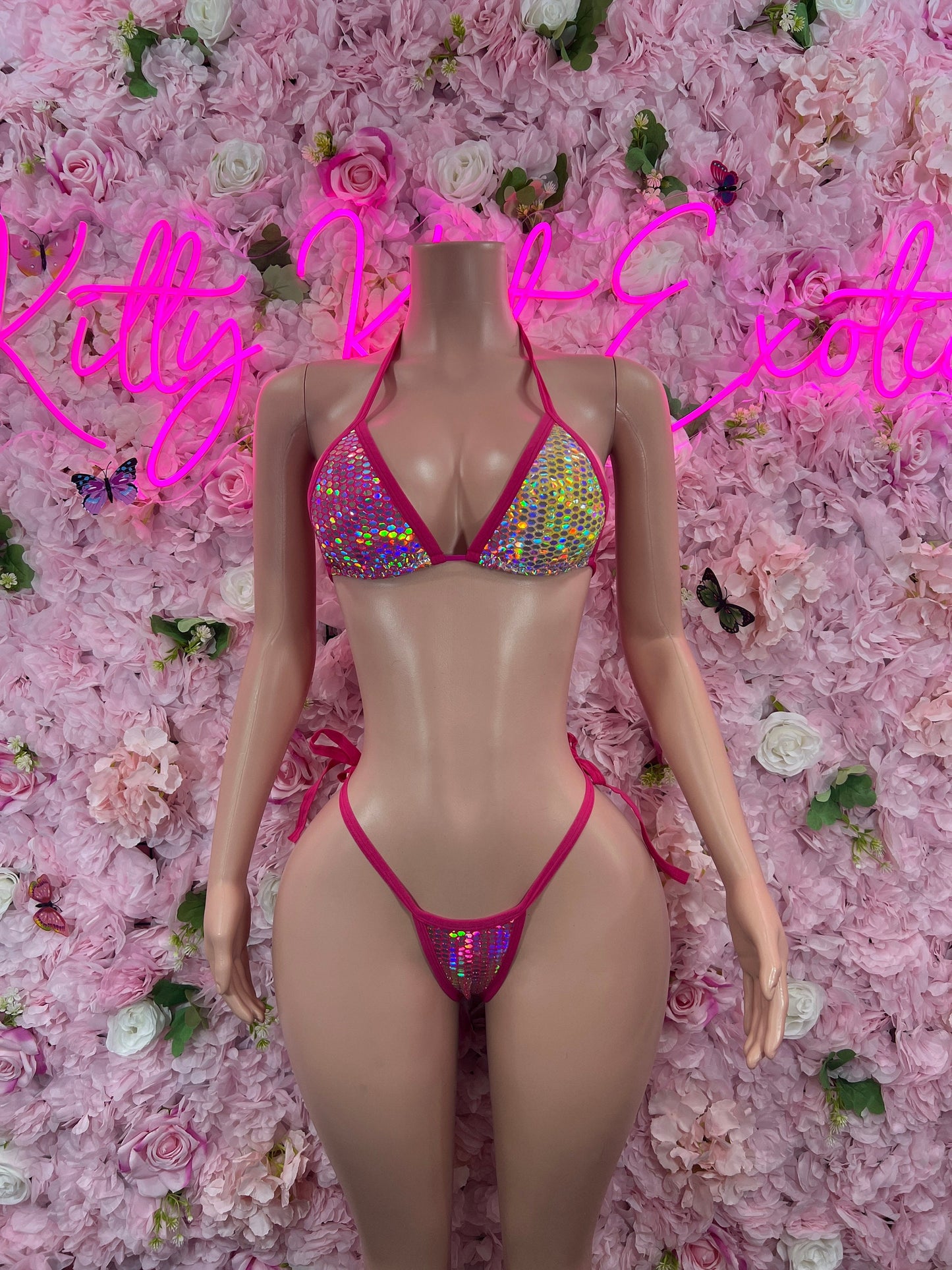 Two-Piece Pink Hologram Bikini Cute Swimsuit Set for Beach, Pool, or Vacation | Stylish and Flattering Swimwear