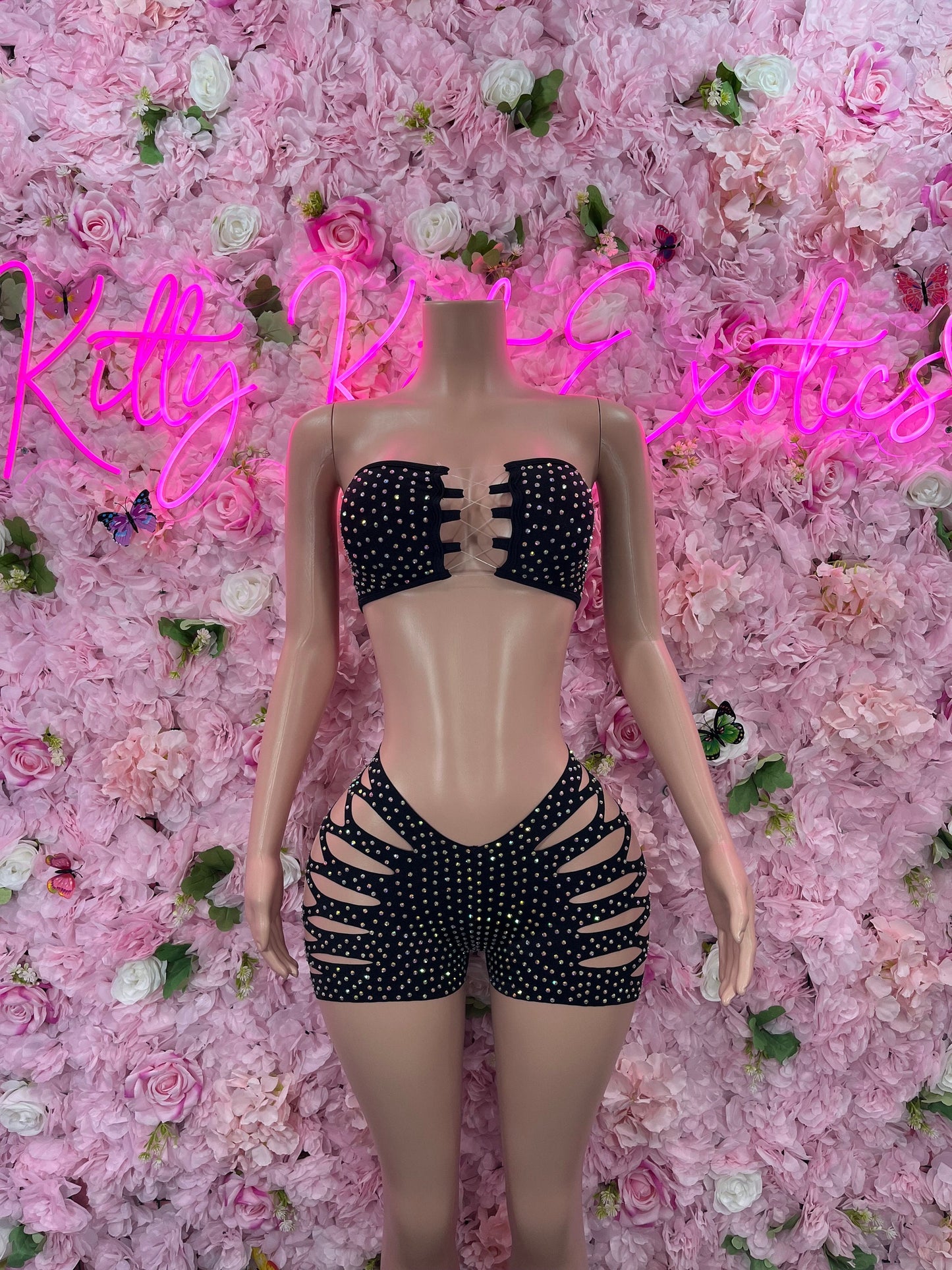 Two Piece Rhinestone Cut Off Black