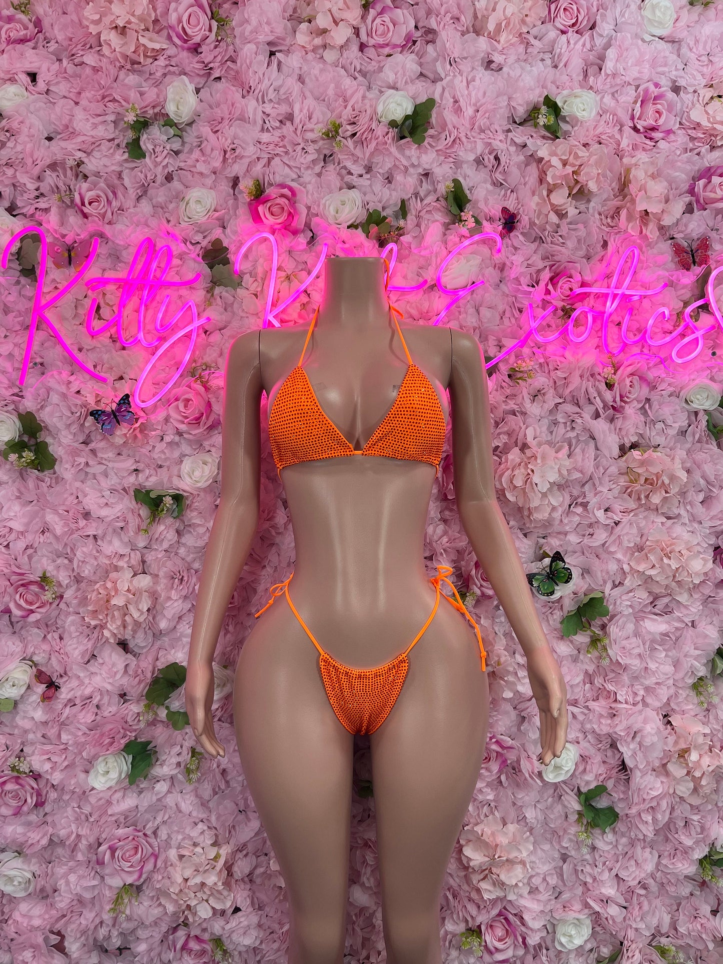 Two-Piece Orange Rhinestone Bikini Glamorous Swimsuit for Beach, Pool Parties, or Summer Festivals | Sparkly and Stylish Swimwear"