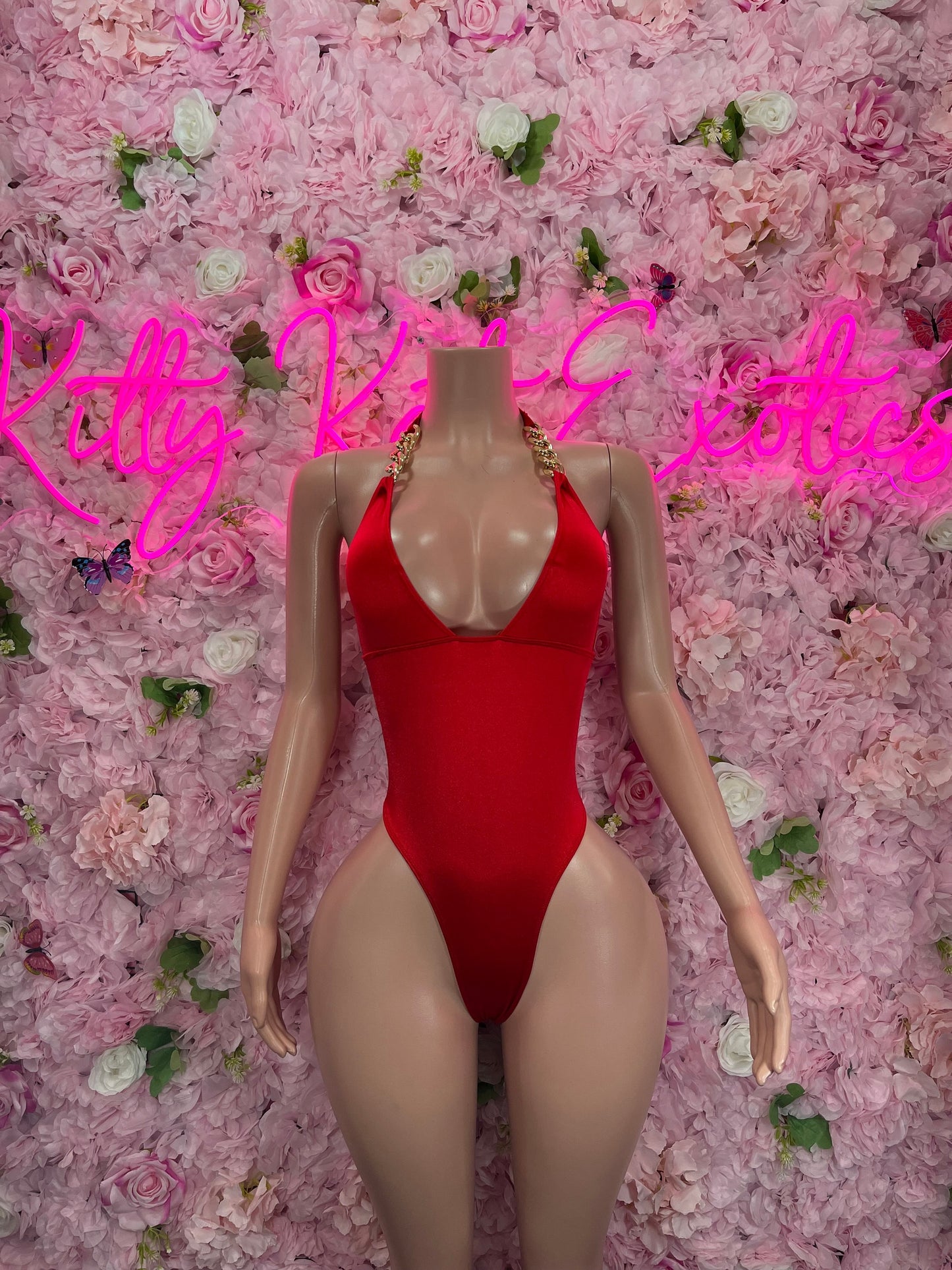 One-Piece Red Gold Chain Bodysuit Stunning Metallic Outfit for Parties, Night Out, or Special Occasions | Sexy and Eye-Catching Fashion