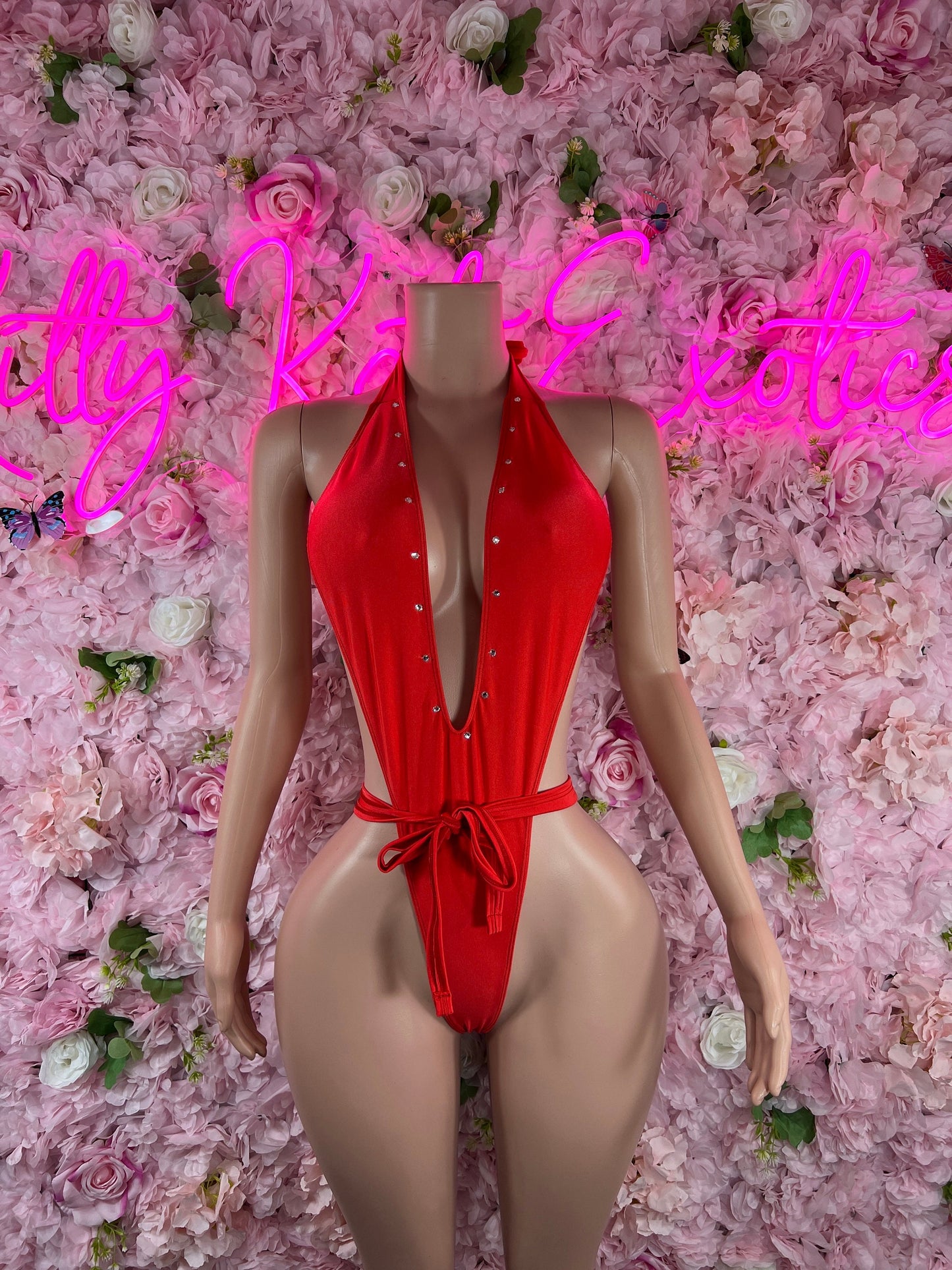 Exotic DancewearSlingshot Bodysuit Red Sexy Outfit for Parties, Clubwear, or Festivals | Trendy and Eye-Catching Fashion Exotic Dancewear