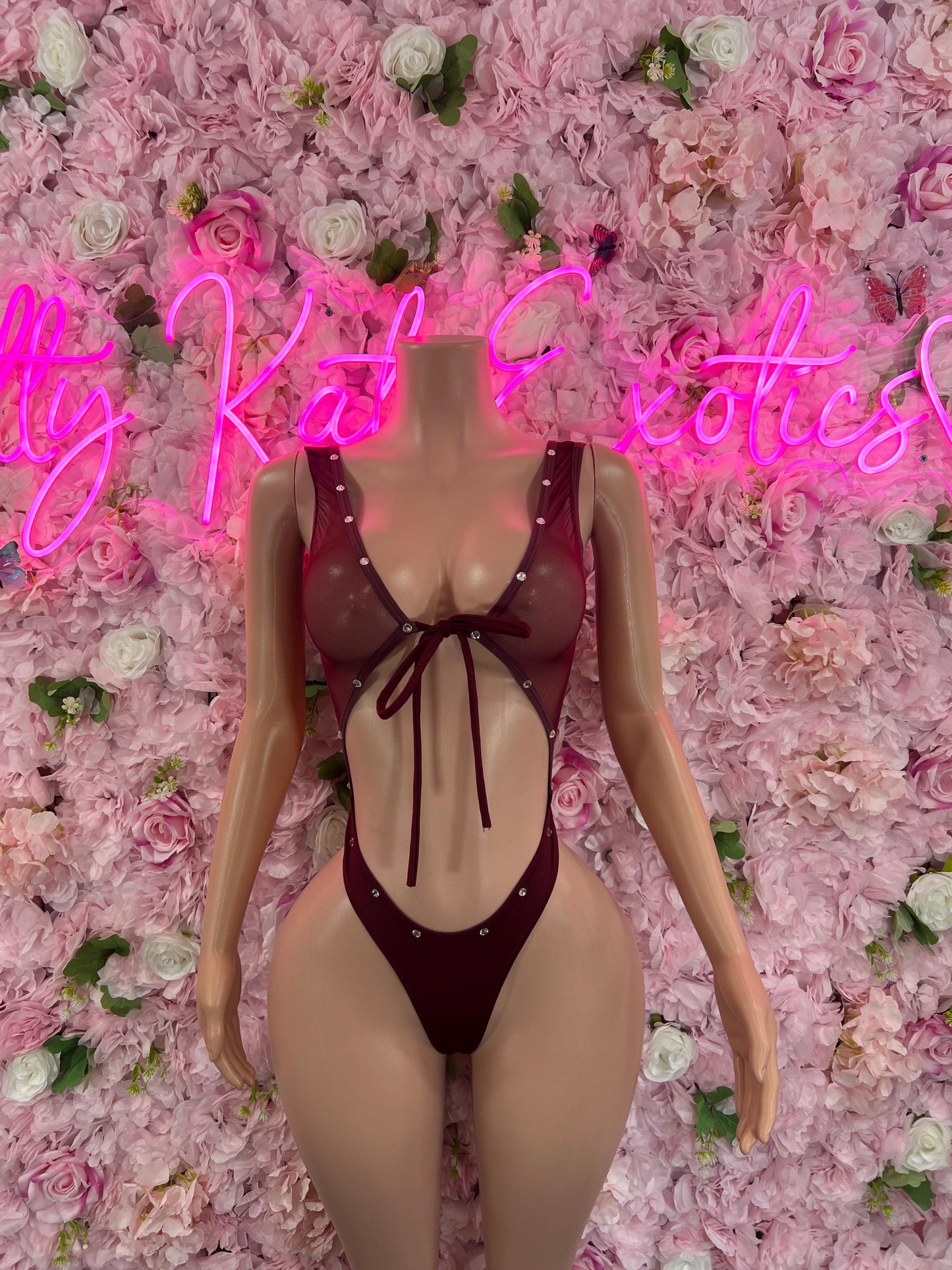 Exotic DancewearOne Piece Burgundy Mesh