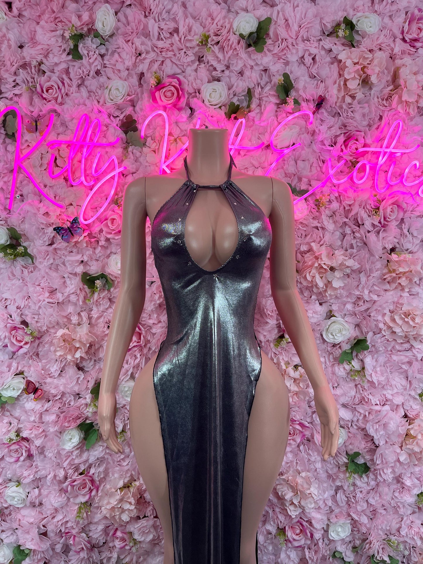 Exotic Dancewear Black Metallic Gown Glamorous Evening Dress for Parties, Formal Events, or Special Occasions | Sexy and Elegant Fashion