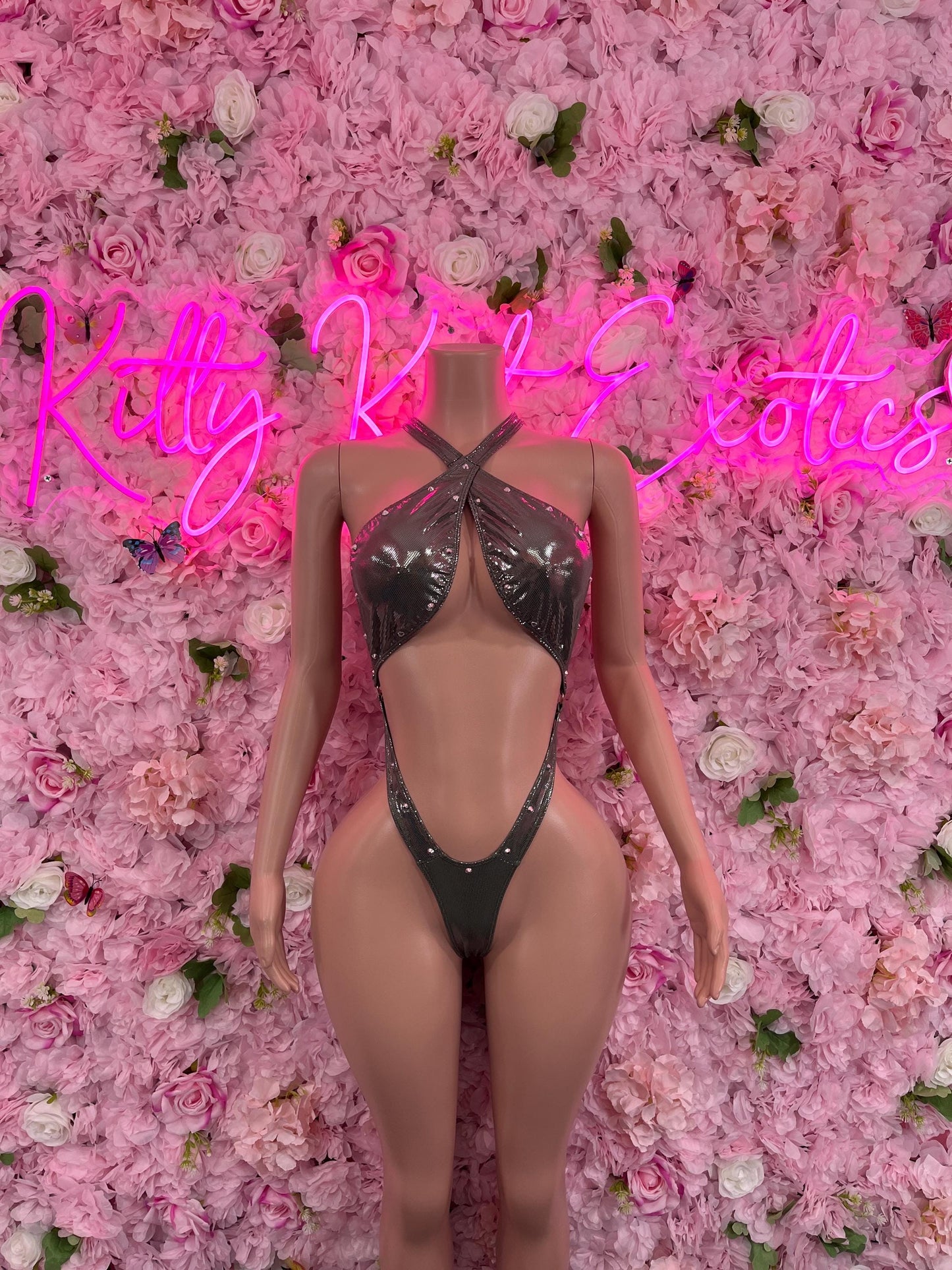 Exotic DancewearOne Piece Bodysuit Black Metallic