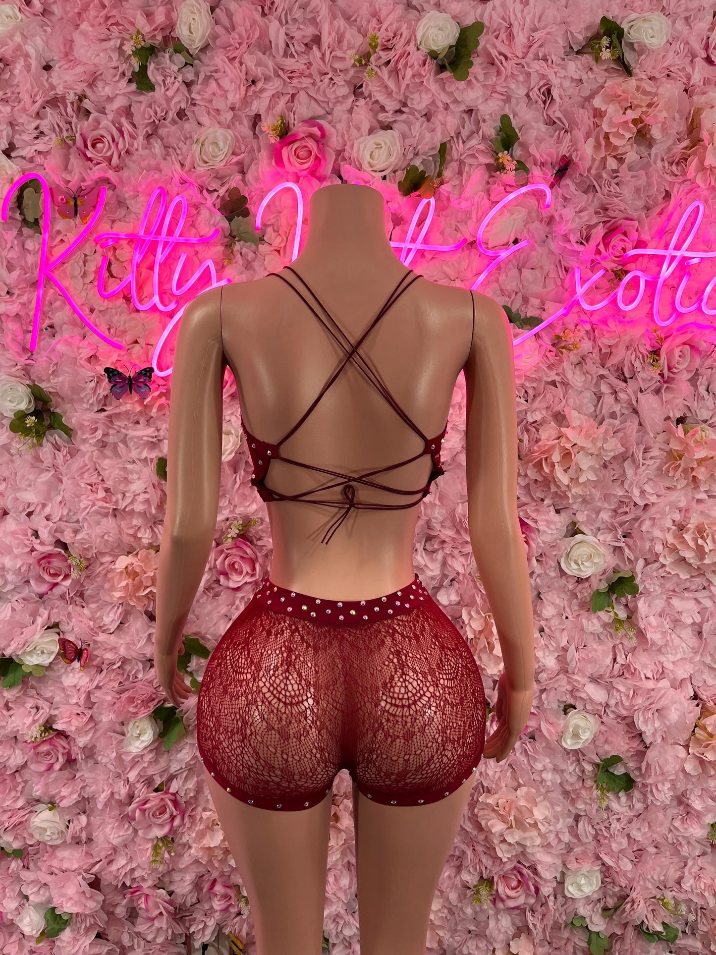Two-piece fishnet dance set in burgundy, back crisscross straps with sparkly high-waist shorts