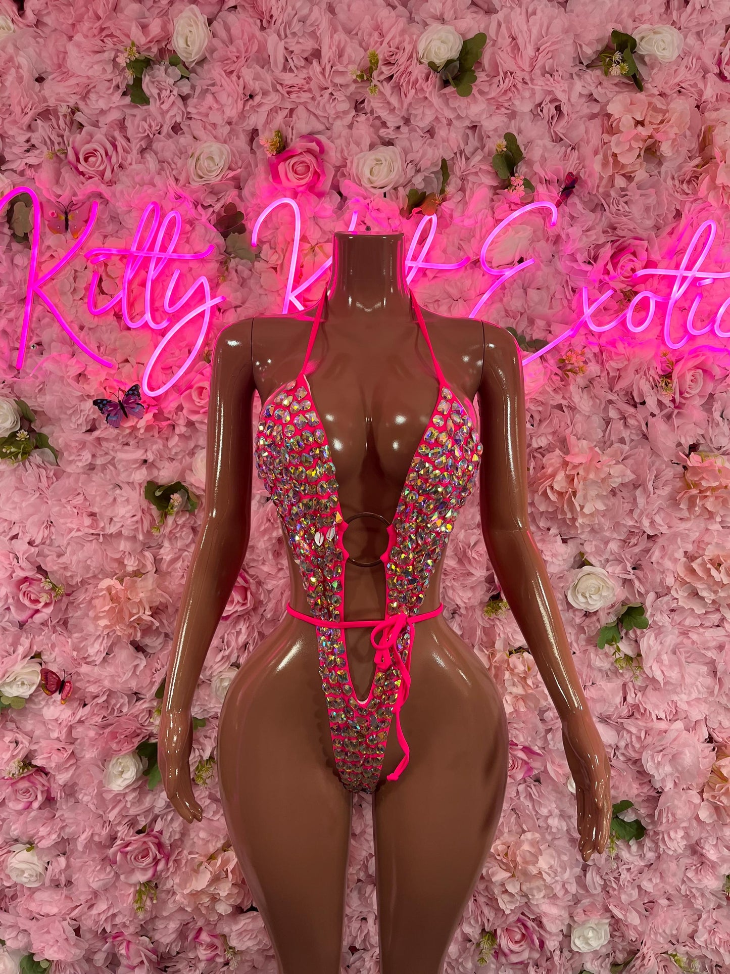 One Piece Bikini Rhinestone Neon Pink