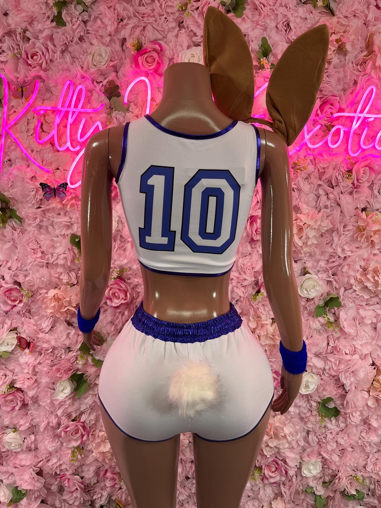 White bunny costume tank with large '10' and matching shorts, blue trim, bunny ears