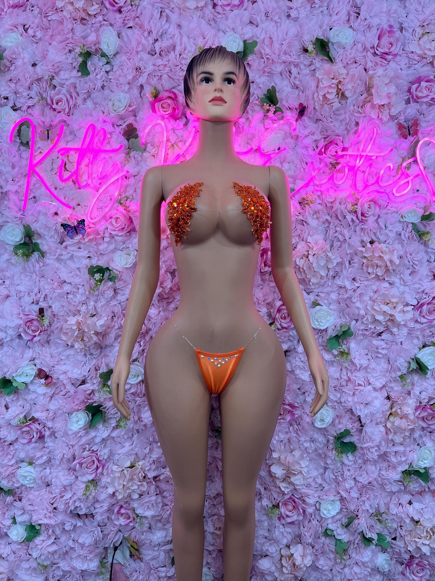 Two Piece Orange Rhinestone Dancewear Festival Wear Exotic Ravewear Costume Perfomer Outfit