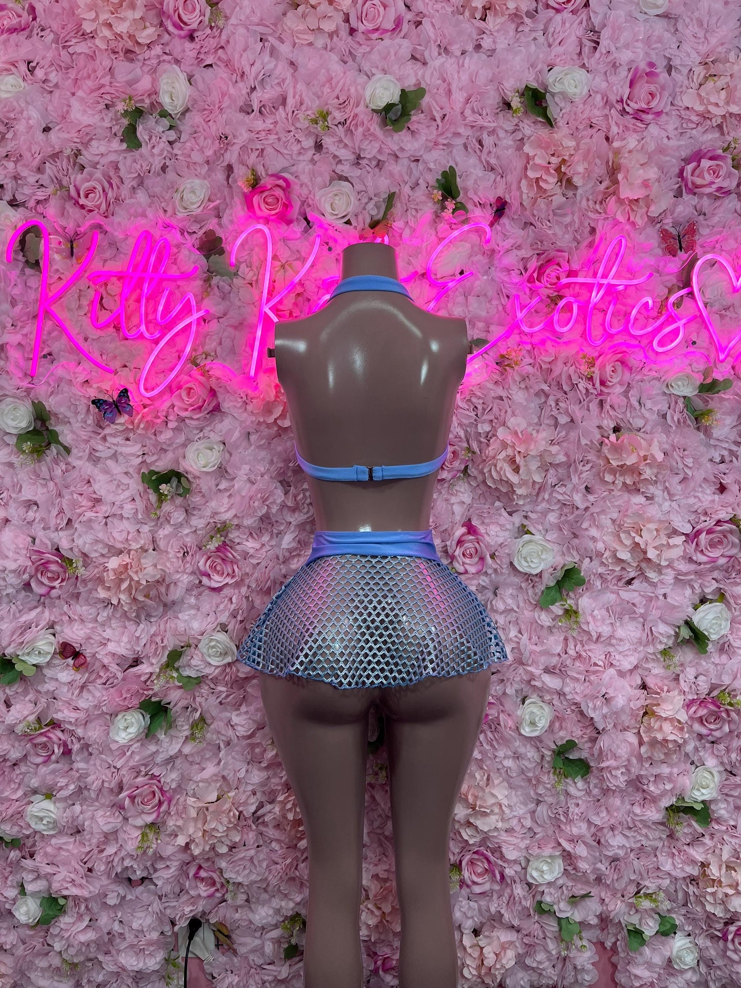 Ravewear Two-Piece Blue Skirt Set Fishnet Exotic Dancewear for Performers, Raves, or Night Out | Bottle girl Outfits