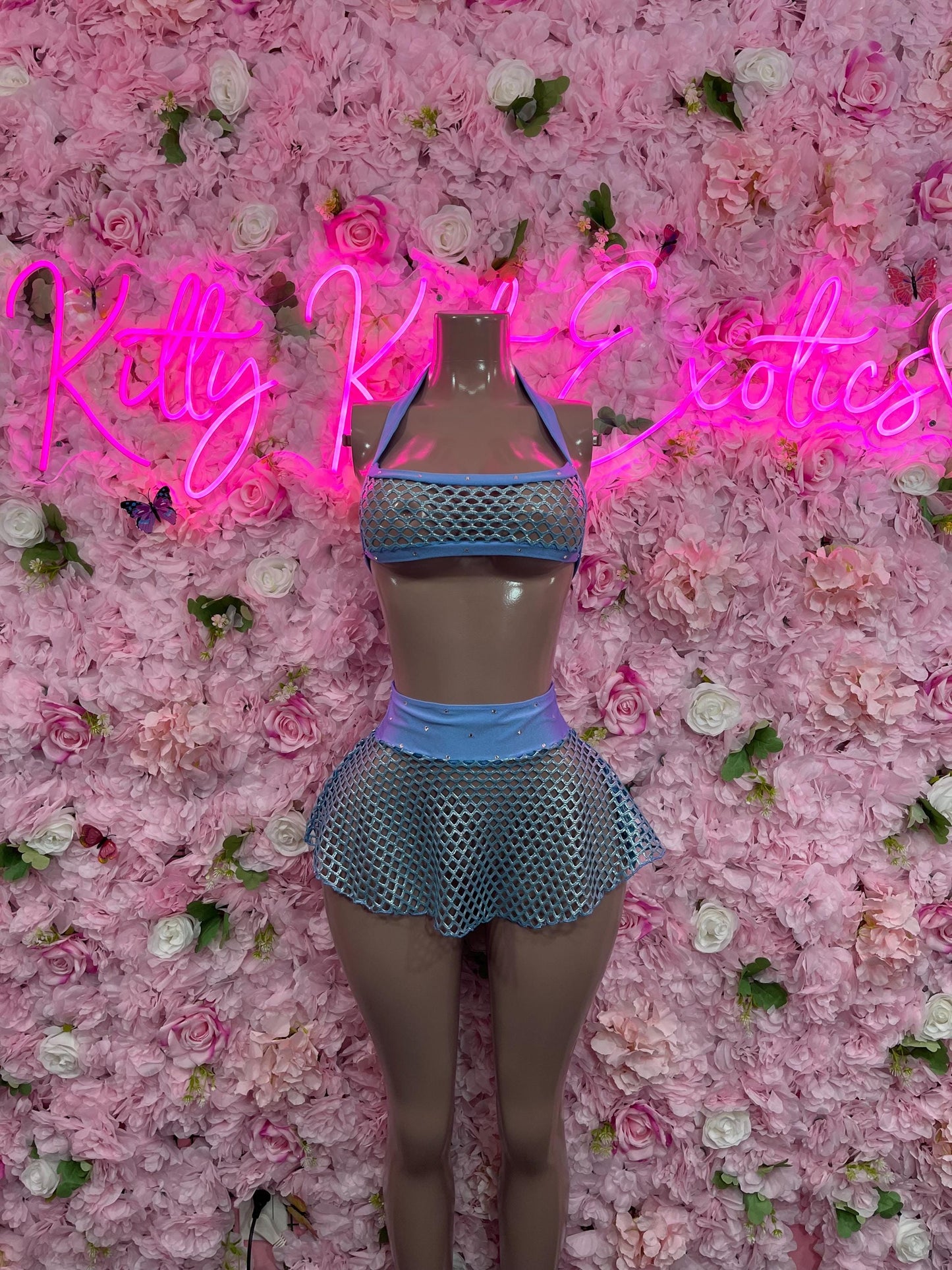 Ravewear Two-Piece Blue Skirt Set Fishnet Exotic Dancewear for Performers, Raves, or Night Out | Bottle girl Outfits