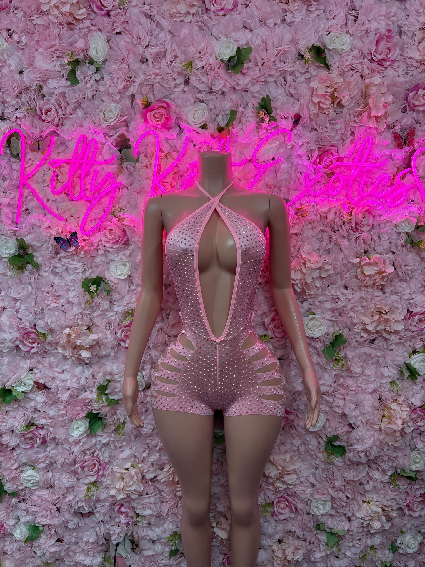 Bottlegirl One-Piece Pink Rhinestone Bodysuit Set Vacation | Exotic Dancewear Festival wear