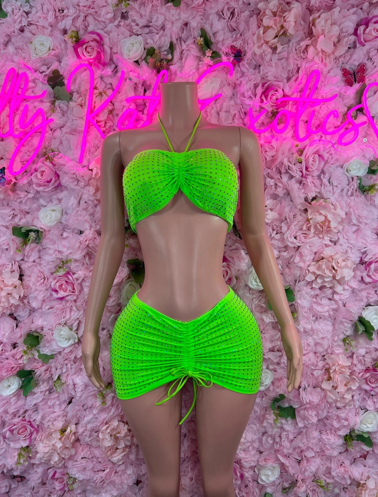 Women's Skirt Two Piece Rhinestone Skirt Set Neon Green Ravewear Festival wear