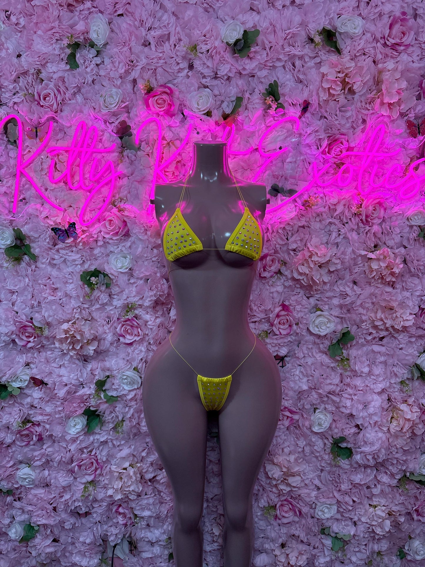 Rave Outfit Two-Piece Yellow Rhinestone Gstring Bikini Cute Swimsuit Set for Beach, Pool, or Vacation | Exotic Dancewear Festival wear