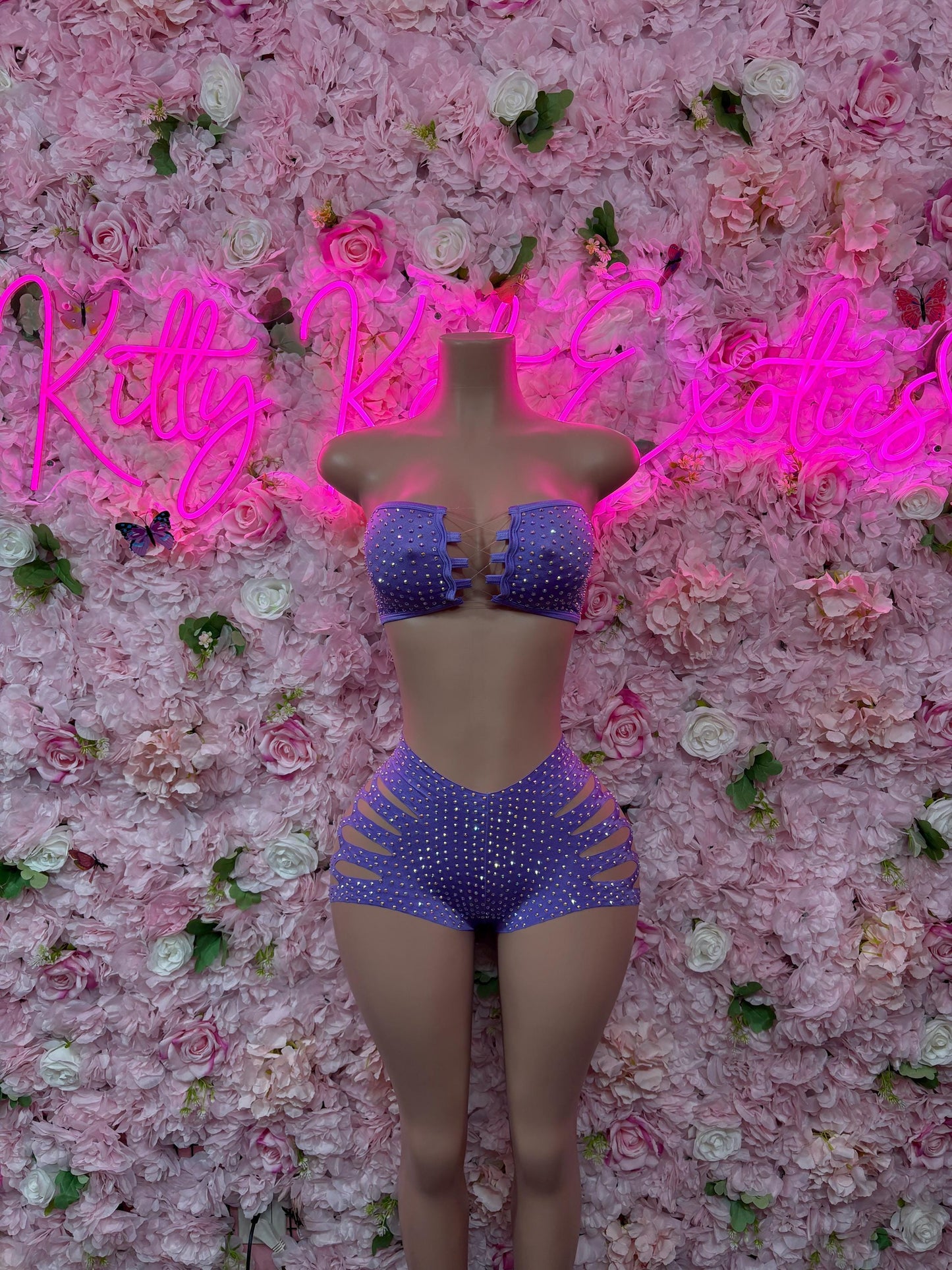 Bottlegirl Two-Piece Lilac Rhinestone Bodysuit Set Vacation | Exotic Dancewear Festival wear