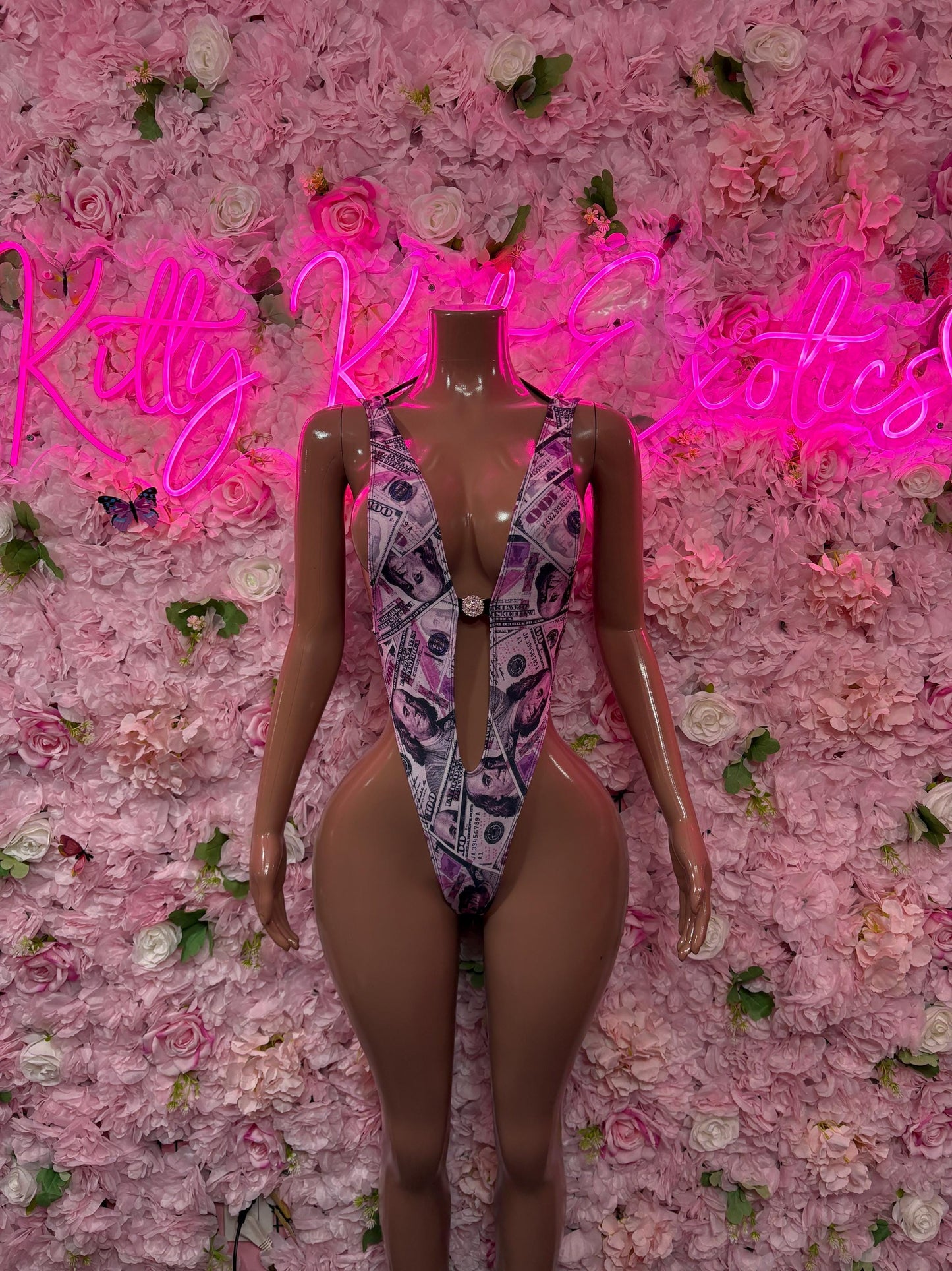 Rave Outfit One-Piece Money Print Bodysuit Stunning Metallic Outfit for Parties, Night Out, or Special Occasions