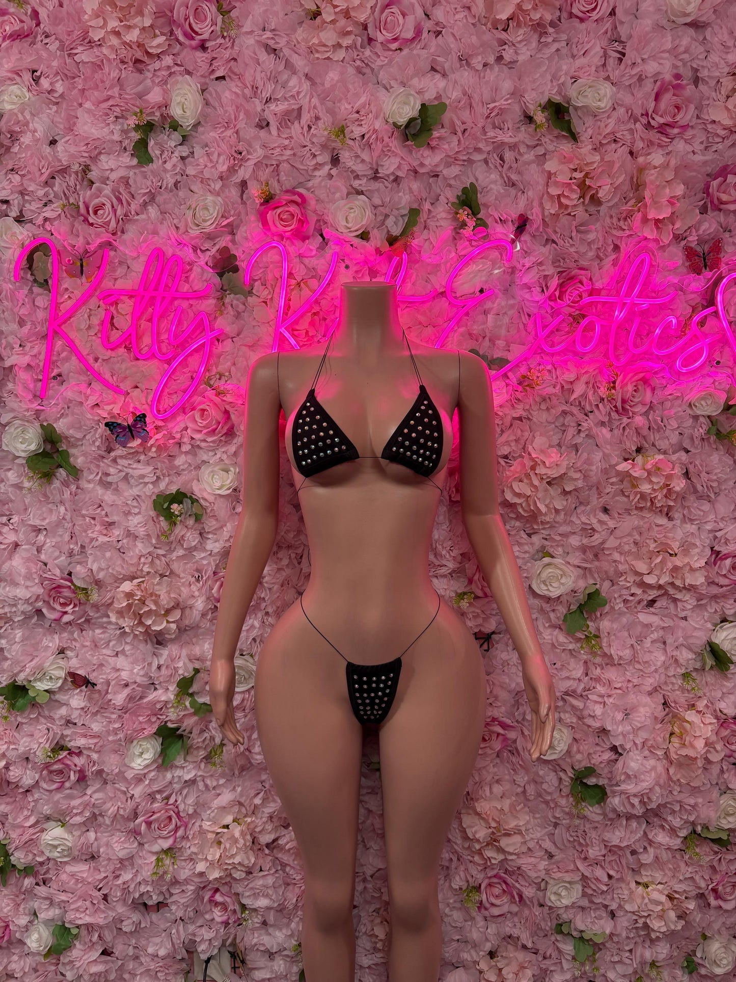Exotic Dancewear Two-Piece Black Rhinestone Gstring Bikini Cute Swimsuit Set for Beach, Pool, or Vacation | Exotic Dancewear