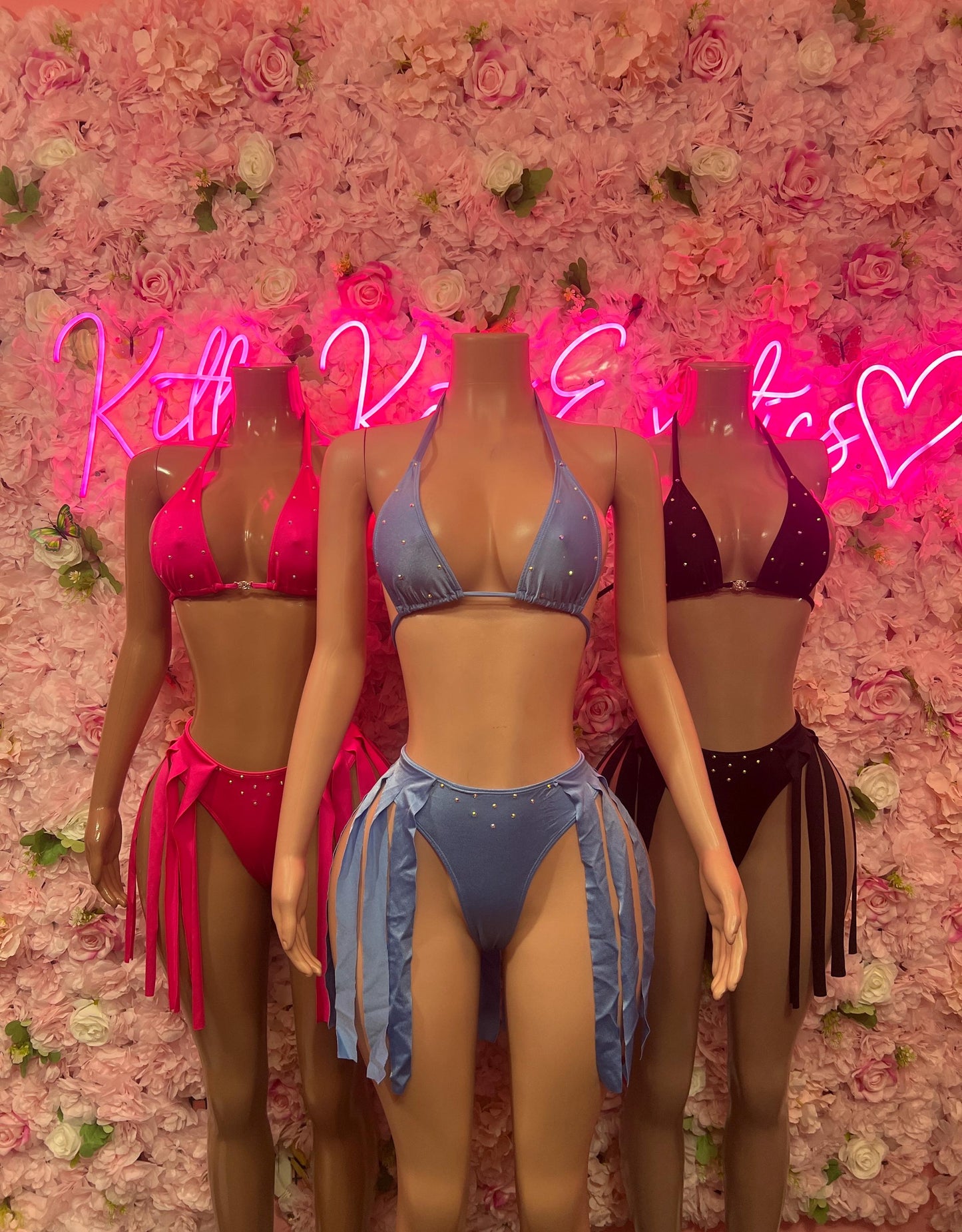 Blue two-piece fringe dancewear set: triangle bra and thong bottoms with fringe