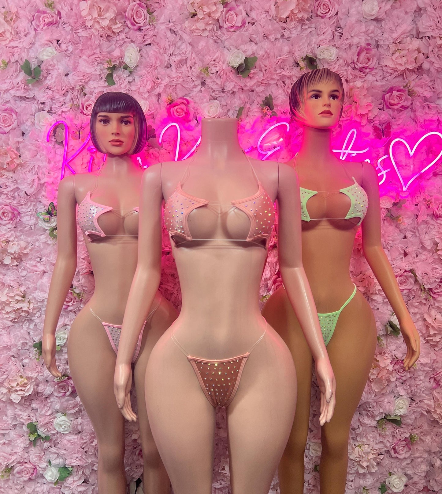 Exotic Dancewear Two-Piece Pink Rhinestone Bikini Exotic Dancewear Costume Sparkly Stripper Outfit, Go-Go Dancer Set, Festival